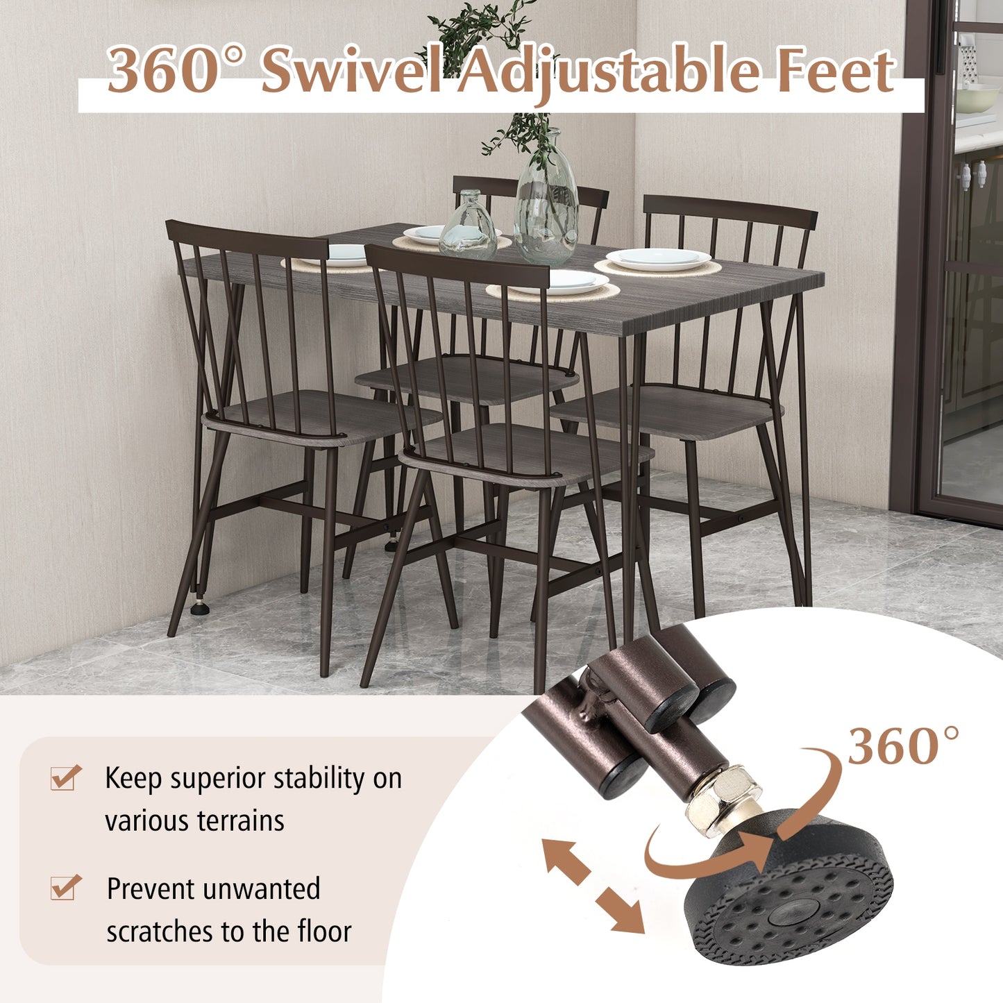 5-Piece Dining Set with Table and 4 Chairs in Grey Oak with Swivel Feet