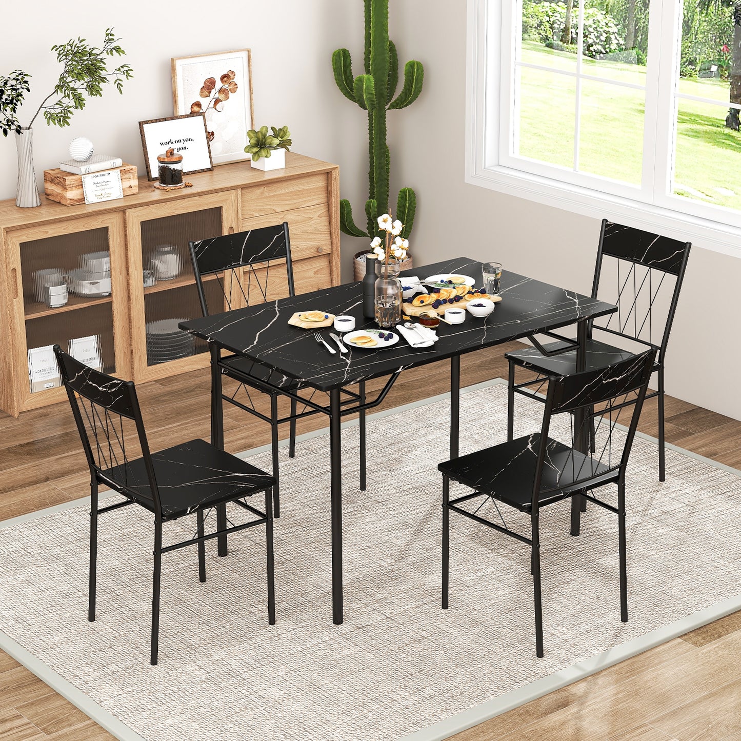 Modern 5 Piece Dining Set with Rectangular Table and 4 Upholstered Chairs - Black