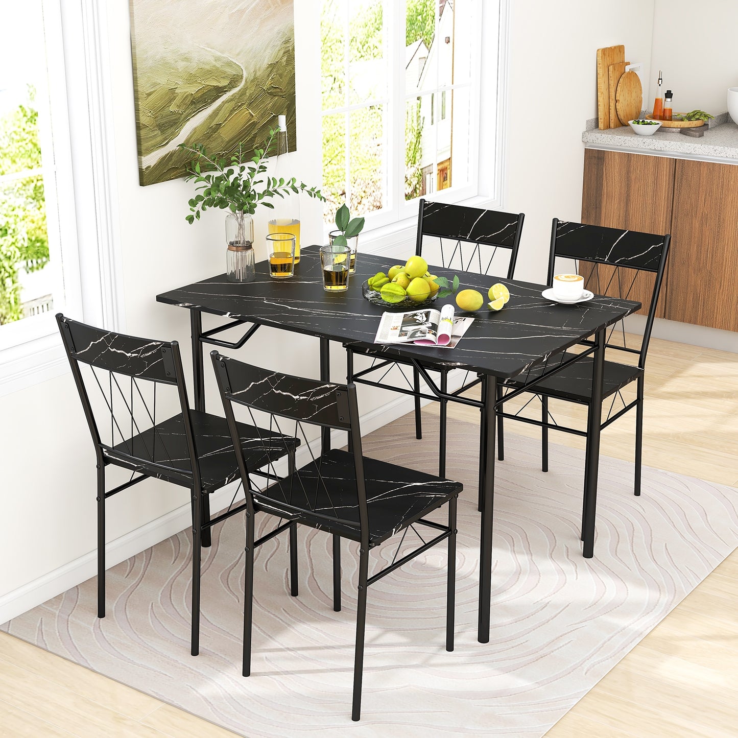 Modern 5 Piece Dining Set with Rectangular Table and 4 Upholstered Chairs - Black