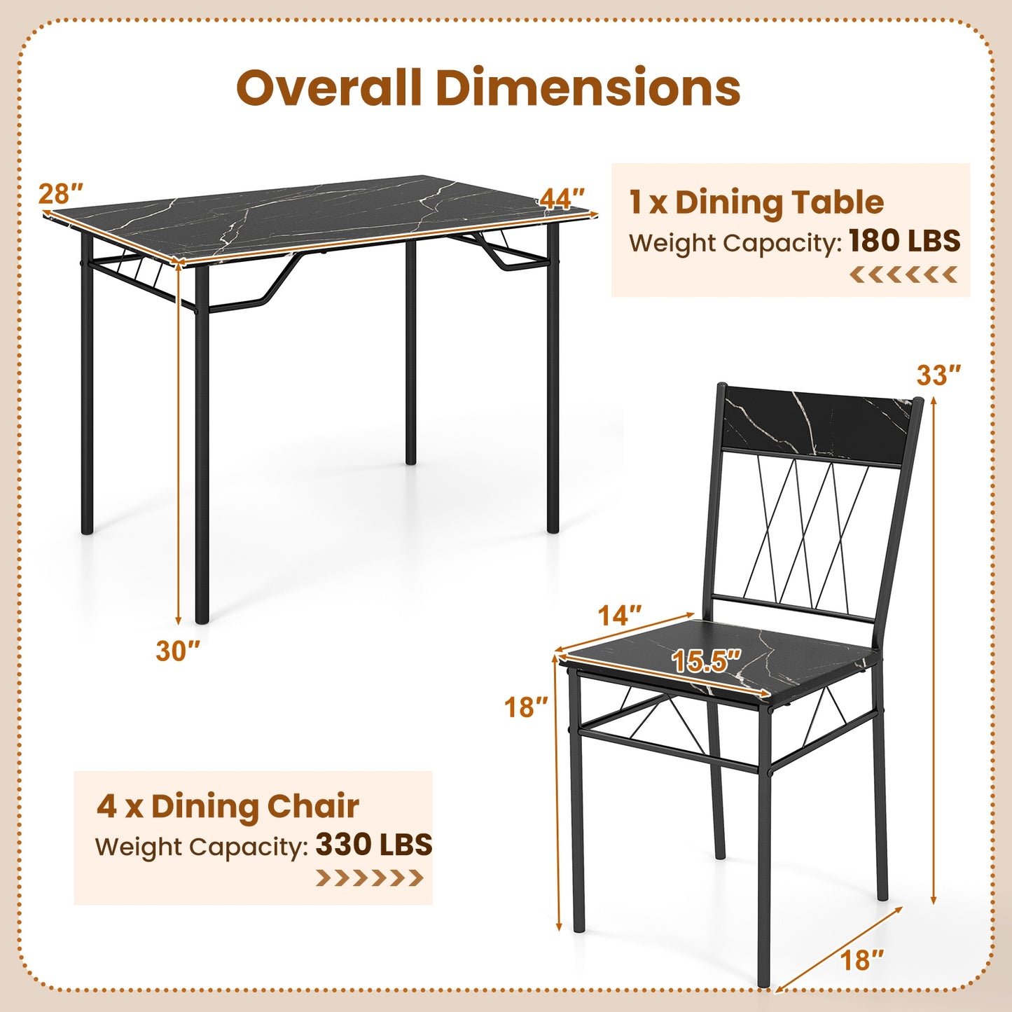 Modern 5 Piece Dining Set with Rectangular Table and 4 Upholstered Chairs - Black