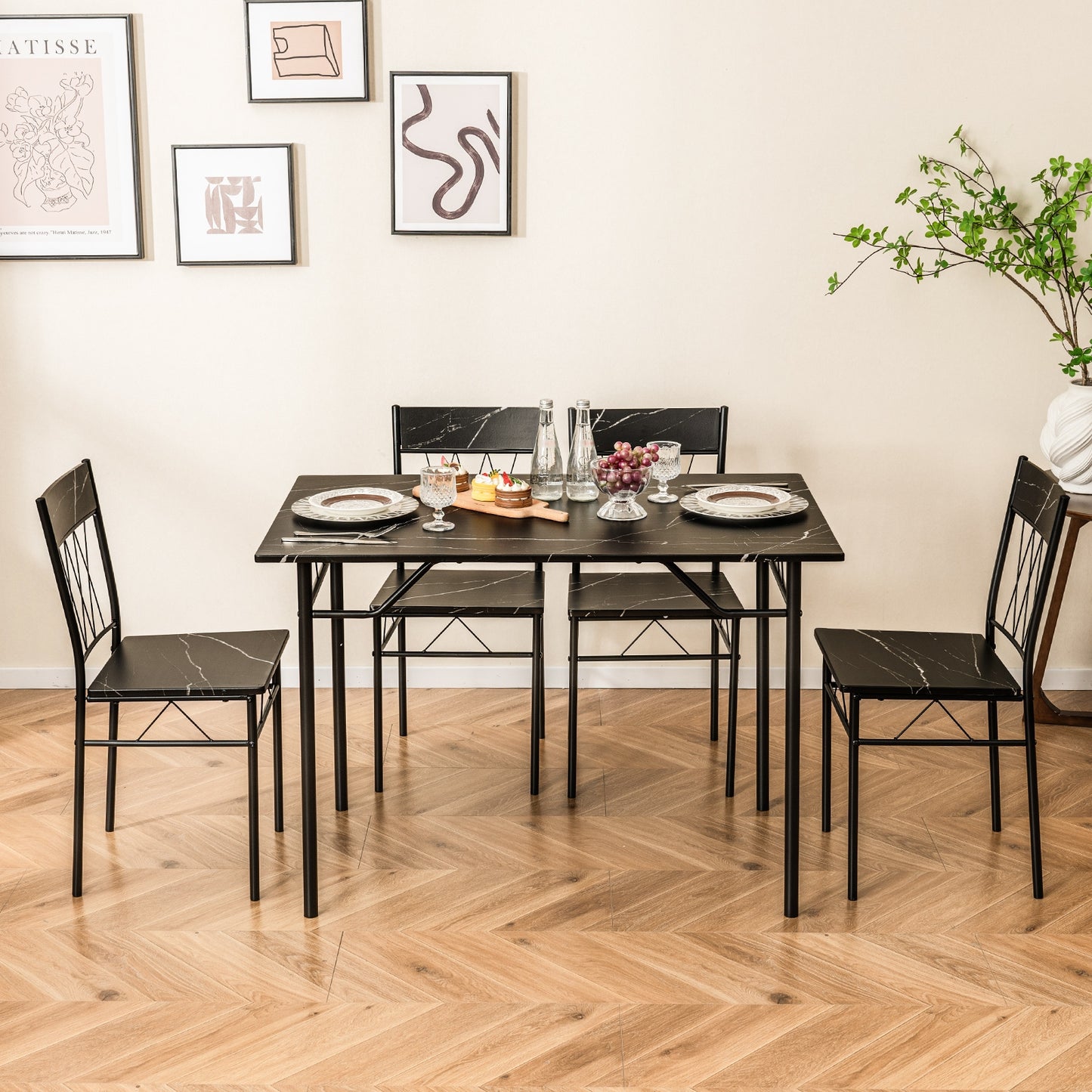 Modern 5 Piece Dining Set with Rectangular Table and 4 Upholstered Chairs - Black