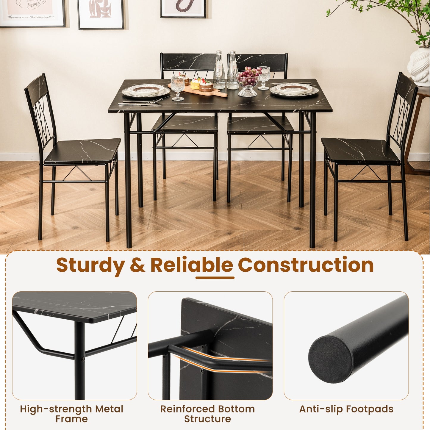 Modern 5 Piece Dining Set with Rectangular Table and 4 Upholstered Chairs - Black