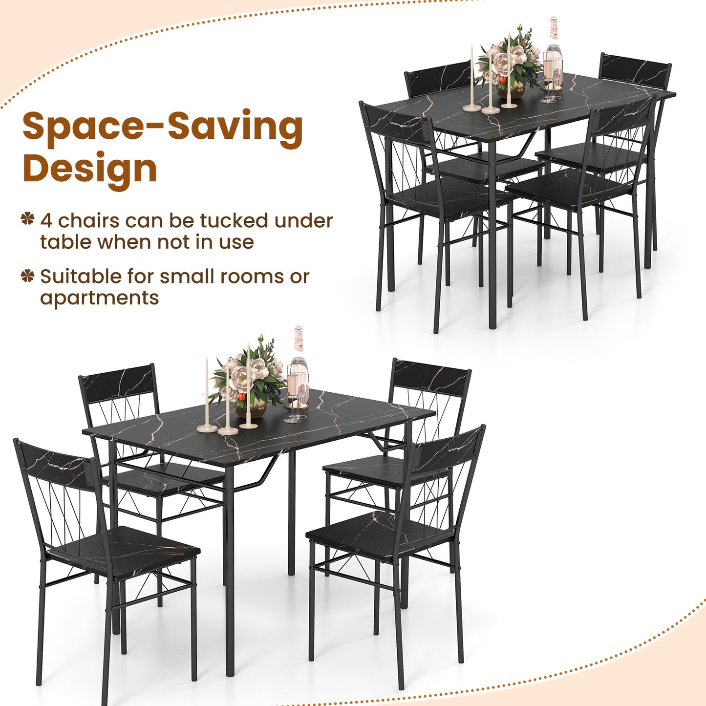 Modern 5 Piece Dining Set with Rectangular Table and 4 Upholstered Chairs - Black