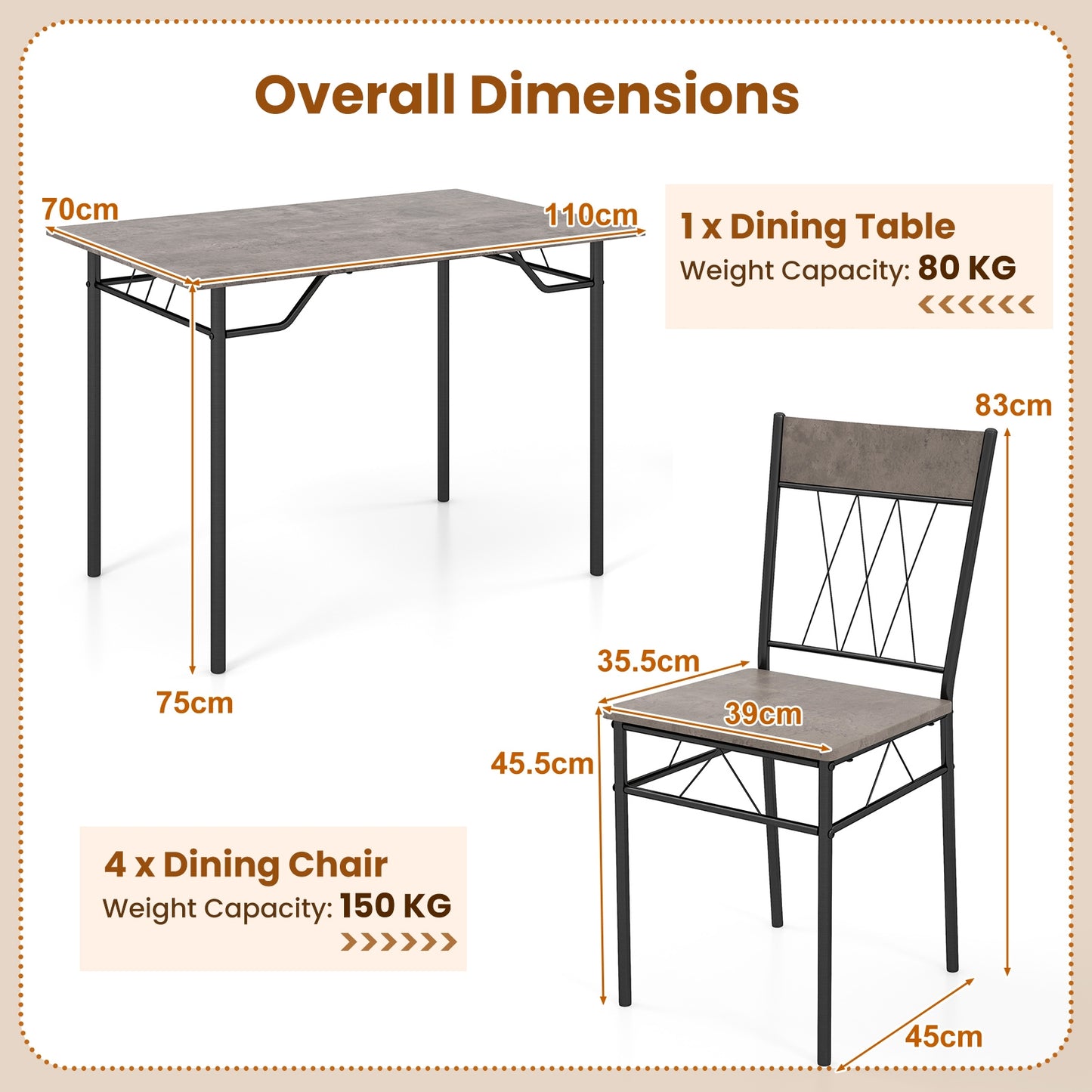 Modern 5 Piece Dining Set with Rectangular Table and 4 Upholstered Chairs - Grey