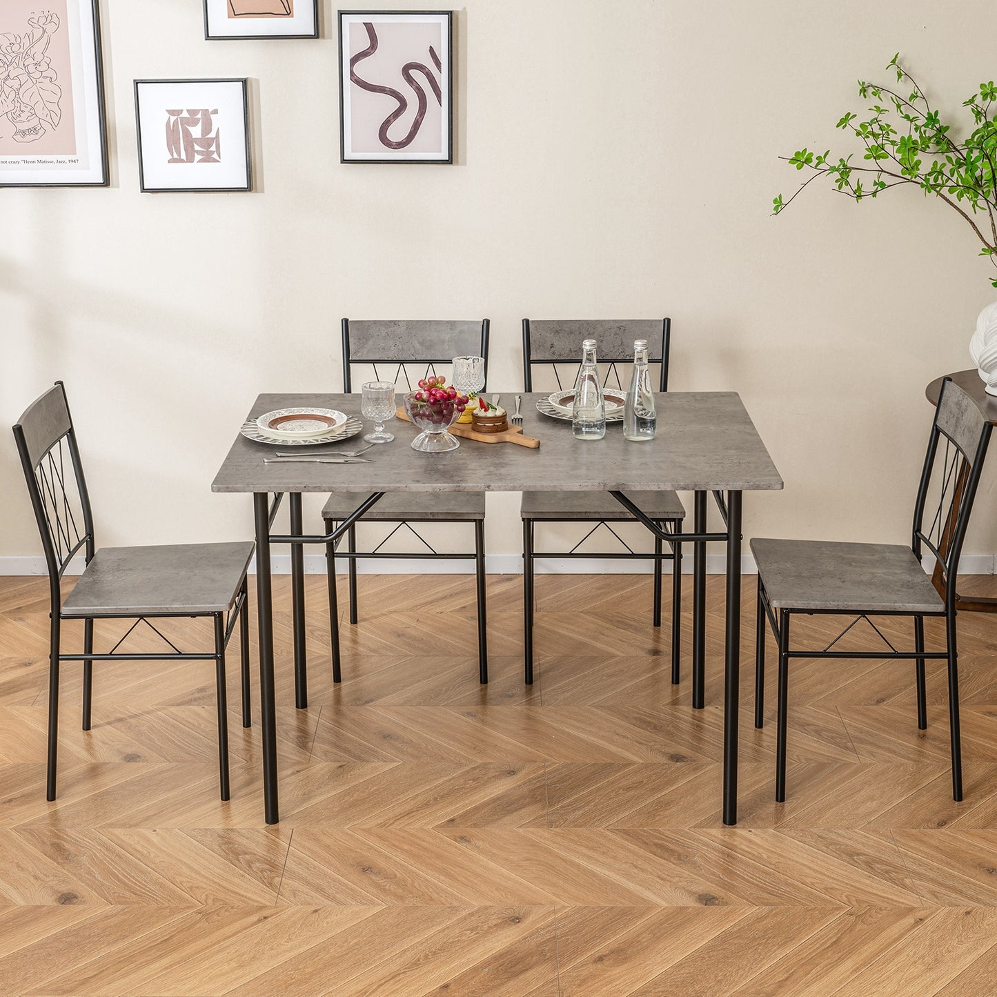 Modern 5 Piece Dining Set with Rectangular Table and 4 Upholstered Chairs - Grey