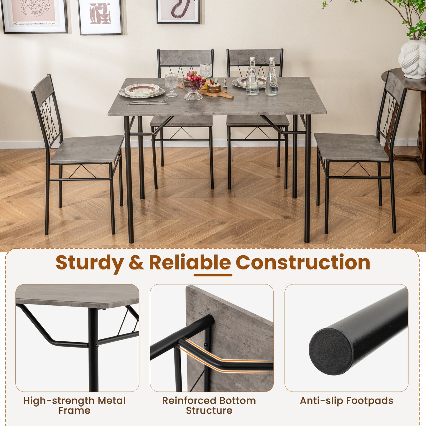 Modern 5 Piece Dining Set with Rectangular Table and 4 Upholstered Chairs - Grey