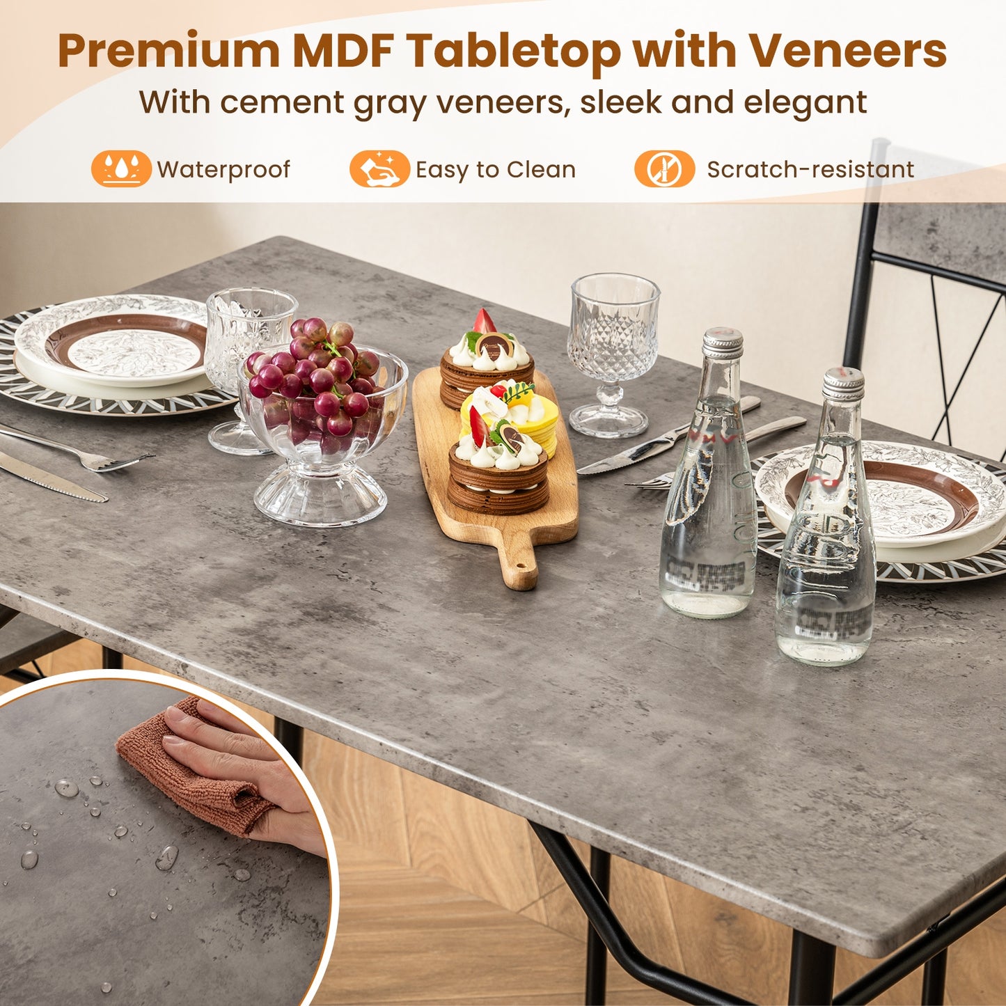 Modern 5 Piece Dining Set with Rectangular Table and 4 Upholstered Chairs - Grey
