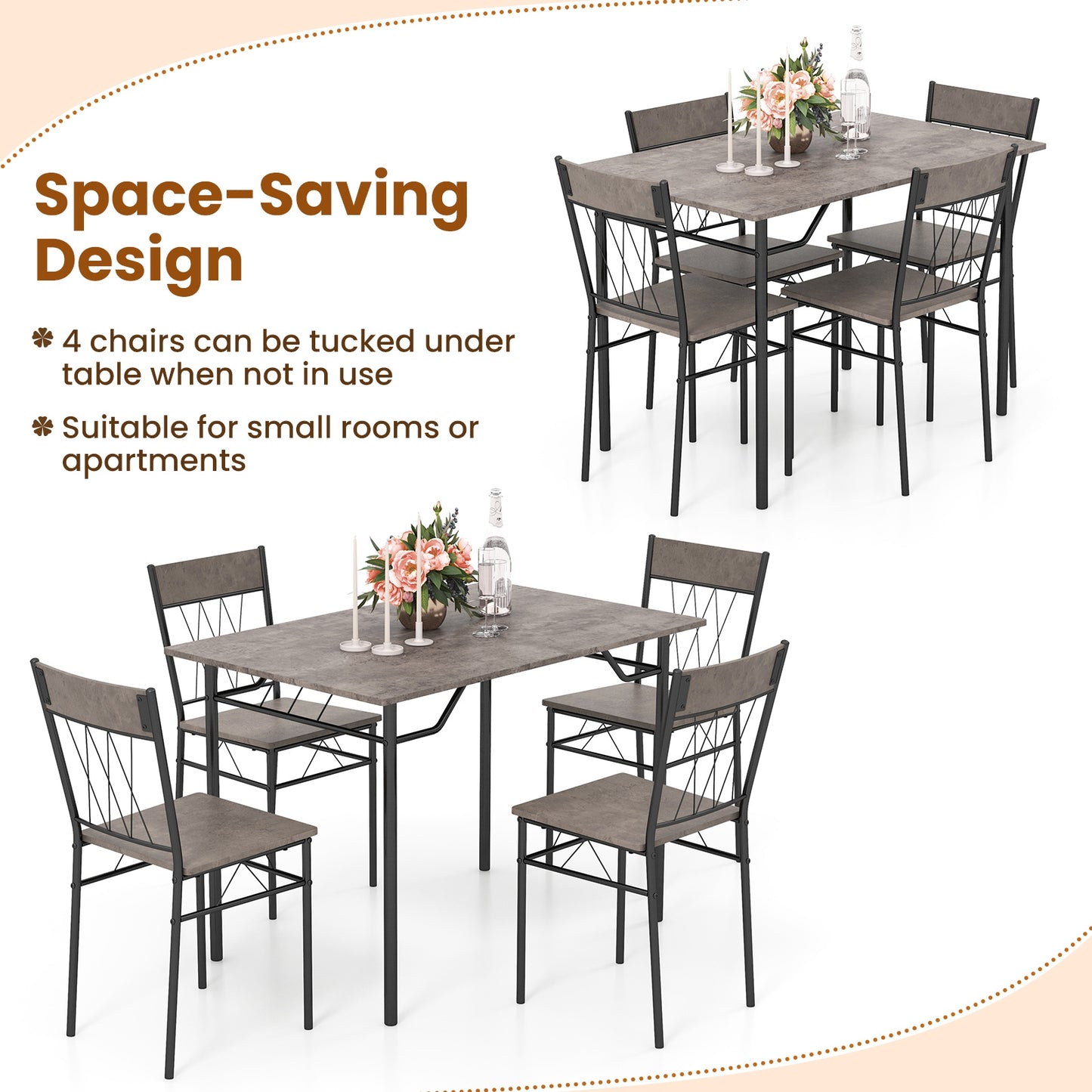 Modern 5 Piece Dining Set with Rectangular Table and 4 Upholstered Chairs - Grey
