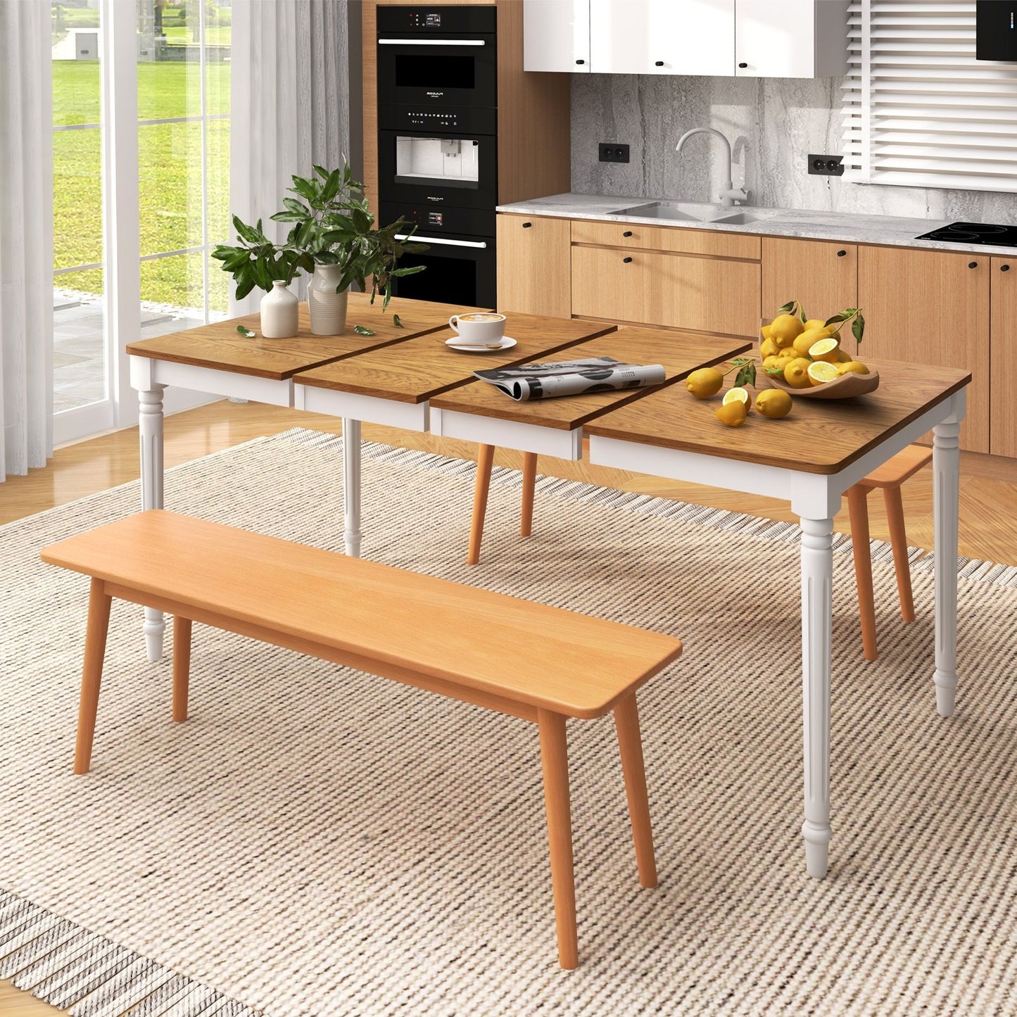 Expandable Dining Table for 4 to 8 People with Solid Rubber Wood Legs and Walnut Finish