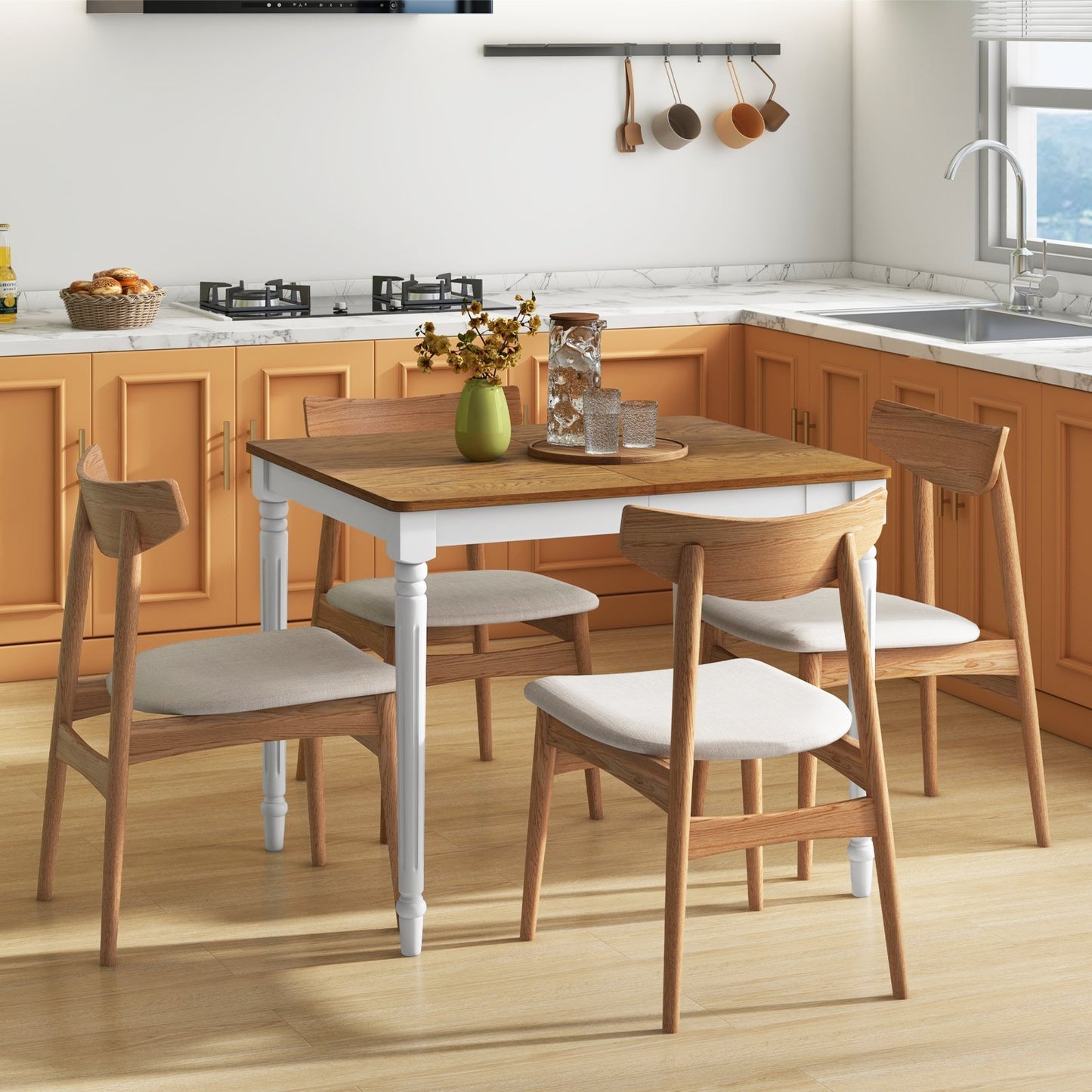 Expandable Dining Table for 4 to 8 People with Solid Rubber Wood Legs and Walnut Finish