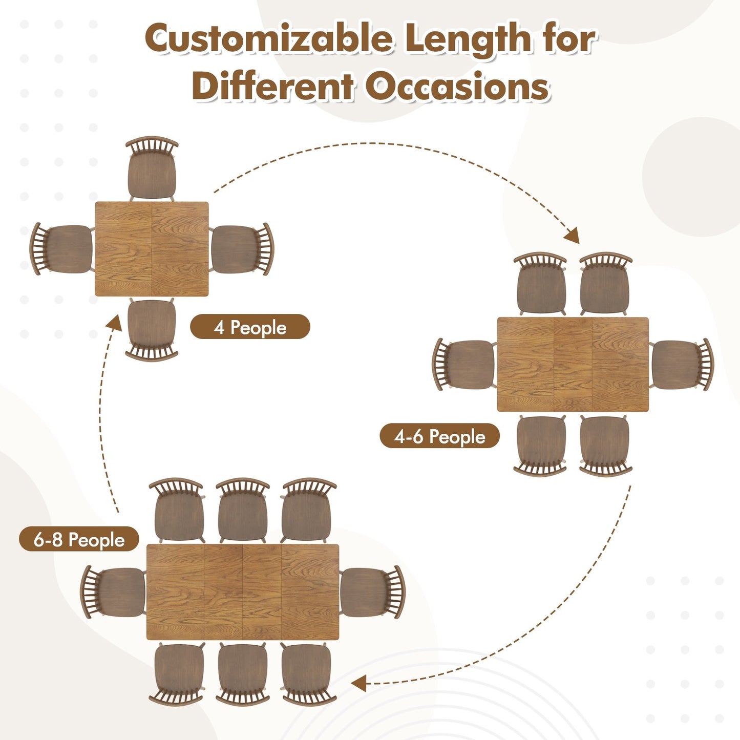 Expandable Dining Table for 4 to 8 People with Solid Rubber Wood Legs and Walnut Finish