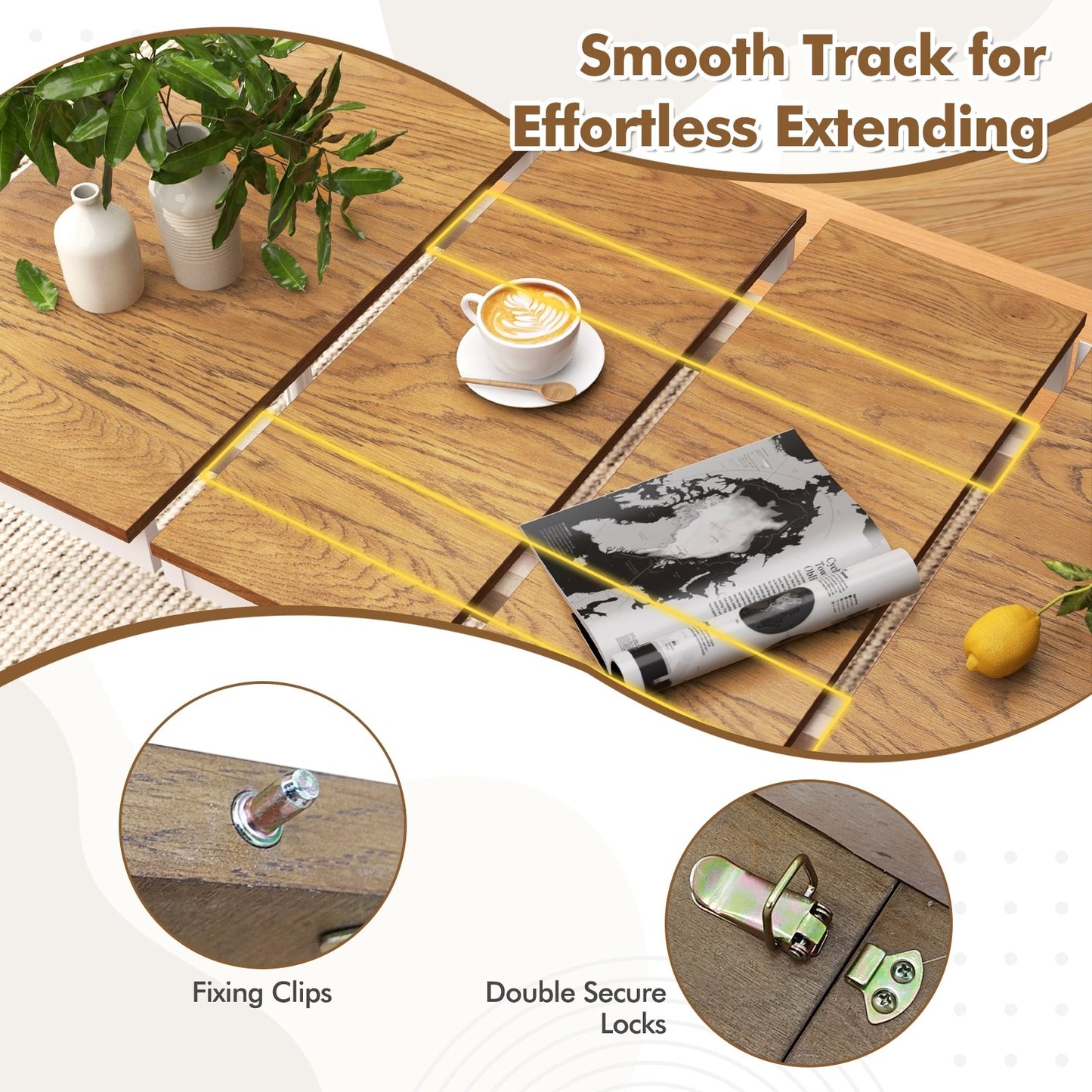 Expandable Dining Table for 4 to 8 People with Solid Rubber Wood Legs and Walnut Finish