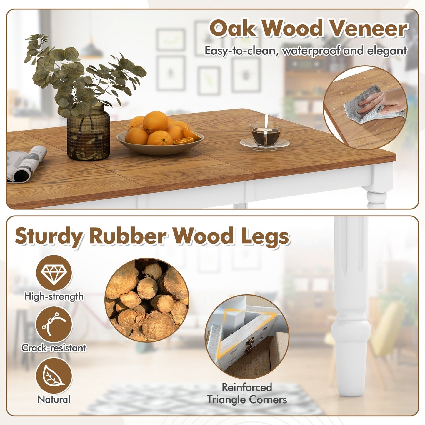 Expandable Dining Table for 4 to 8 People with Solid Rubber Wood Legs and Walnut Finish