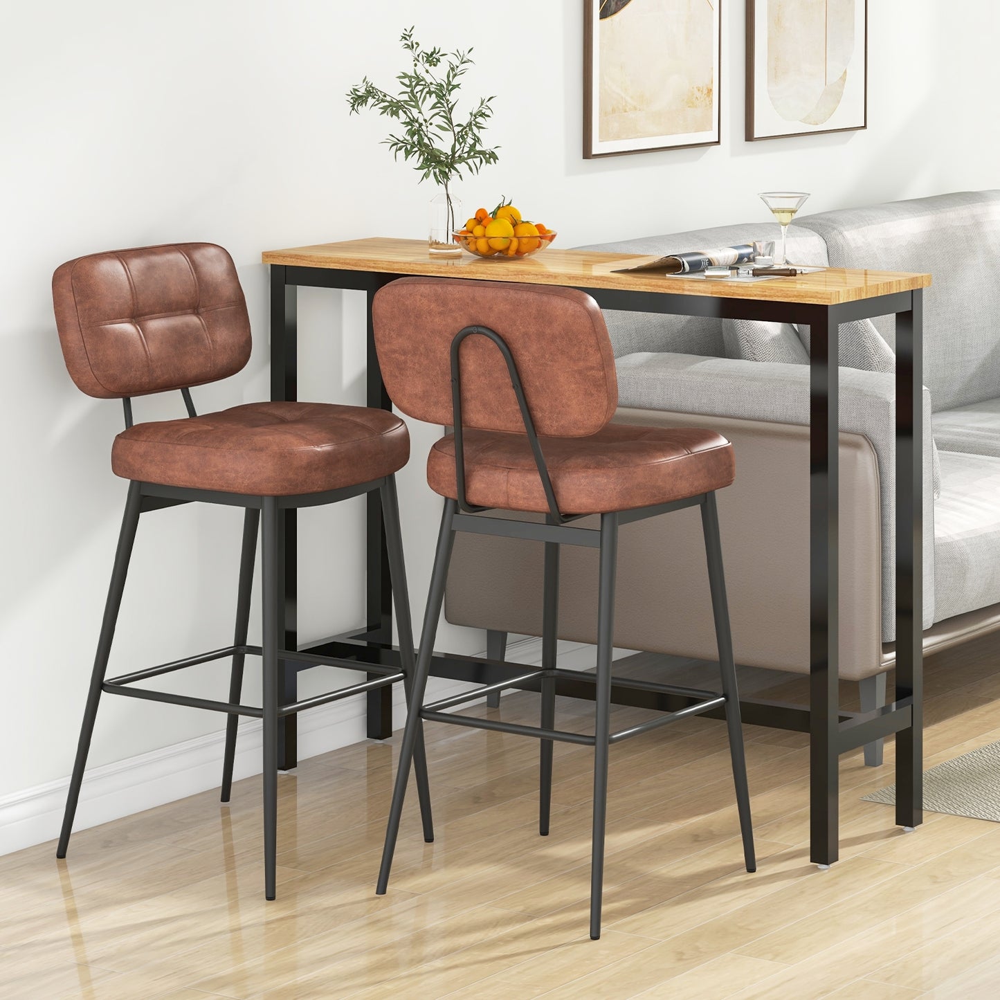 Comfortable Bar Stools with Padded Seat and Lattice Back Design, Set of 2