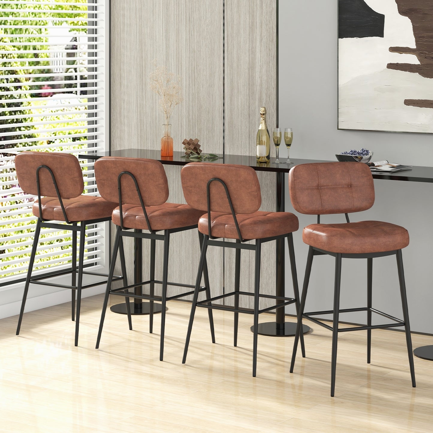 Comfortable Bar Stools with Padded Seat and Lattice Back Design, Set of 2