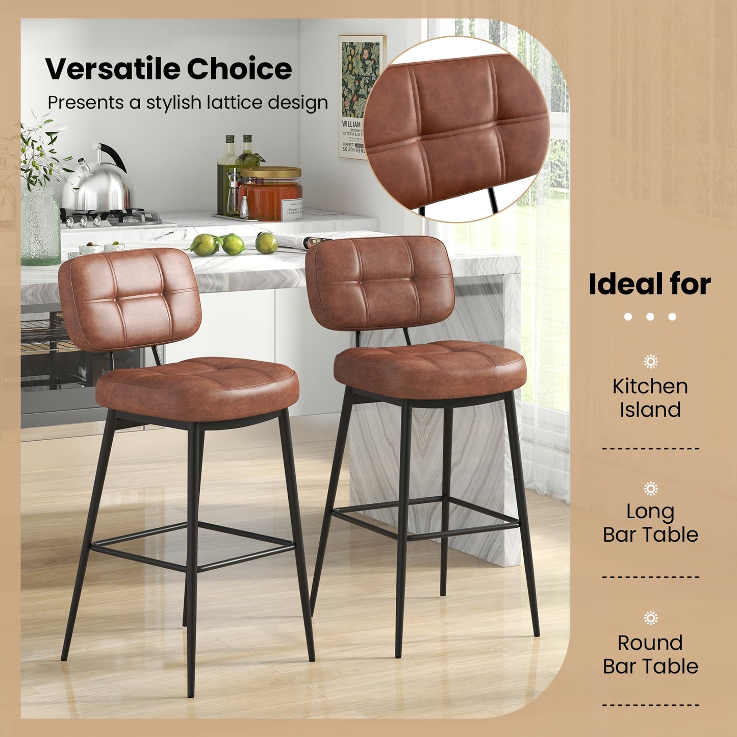 Comfortable Bar Stools with Padded Seat and Lattice Back Design, Set of 2