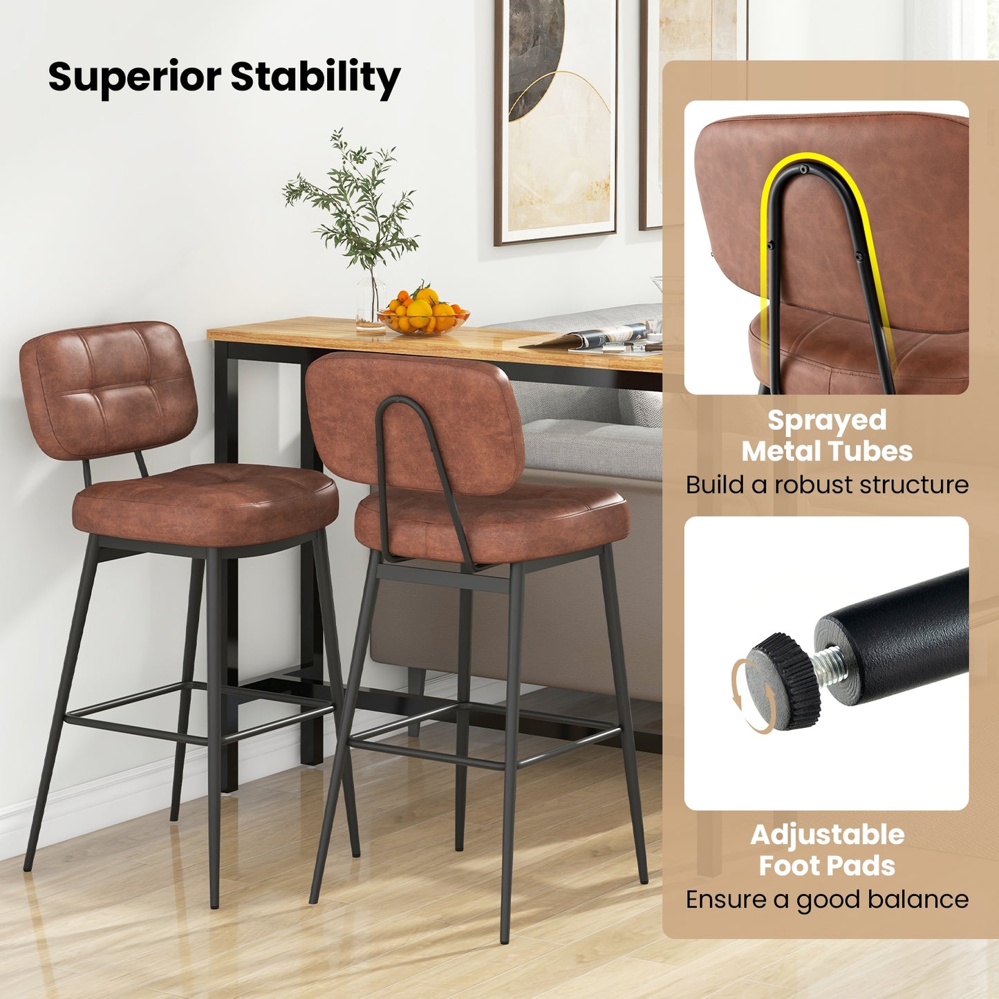 Comfortable Bar Stools with Padded Seat and Lattice Back Design, Set of 2