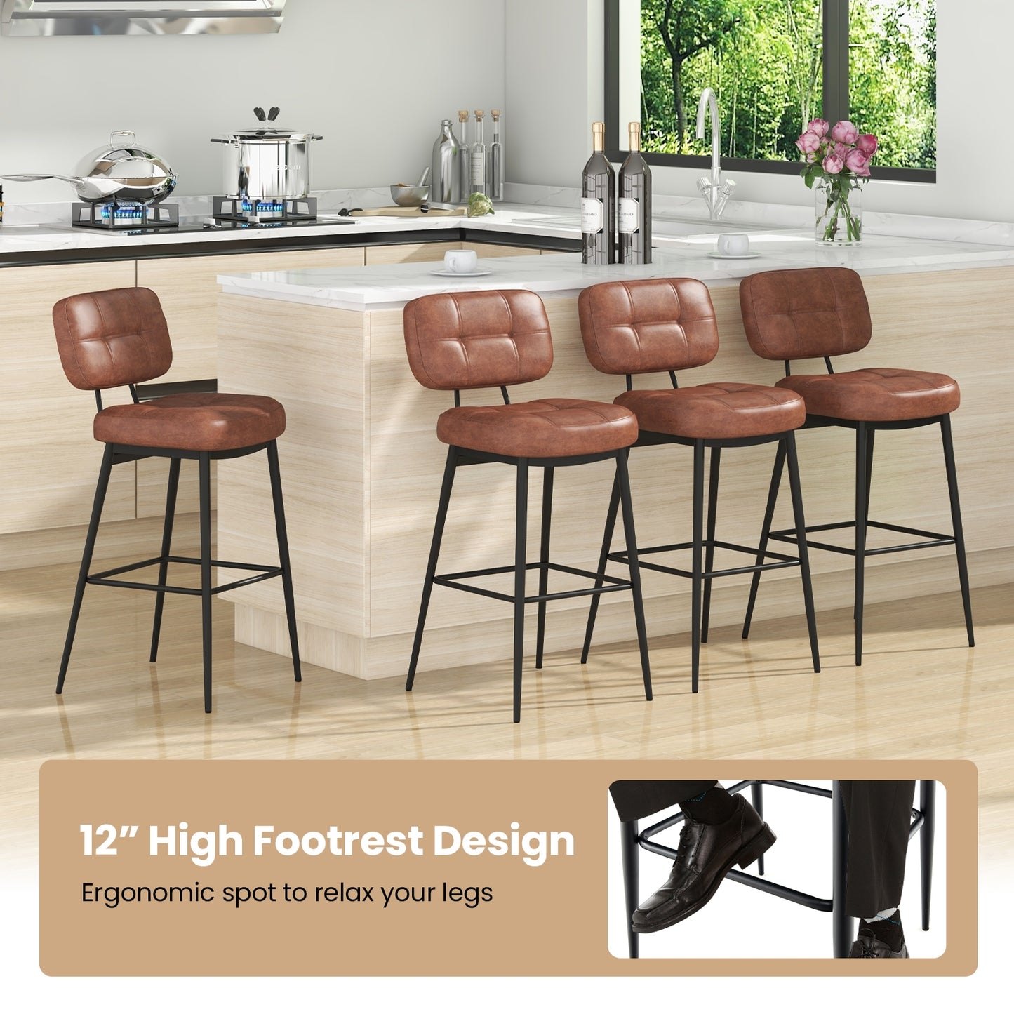 Comfortable Bar Stools with Padded Seat and Lattice Back Design, Set of 2