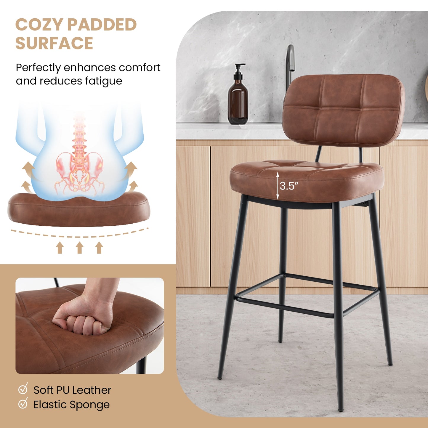 Comfortable Bar Stools with Padded Seat and Lattice Back Design, Set of 2