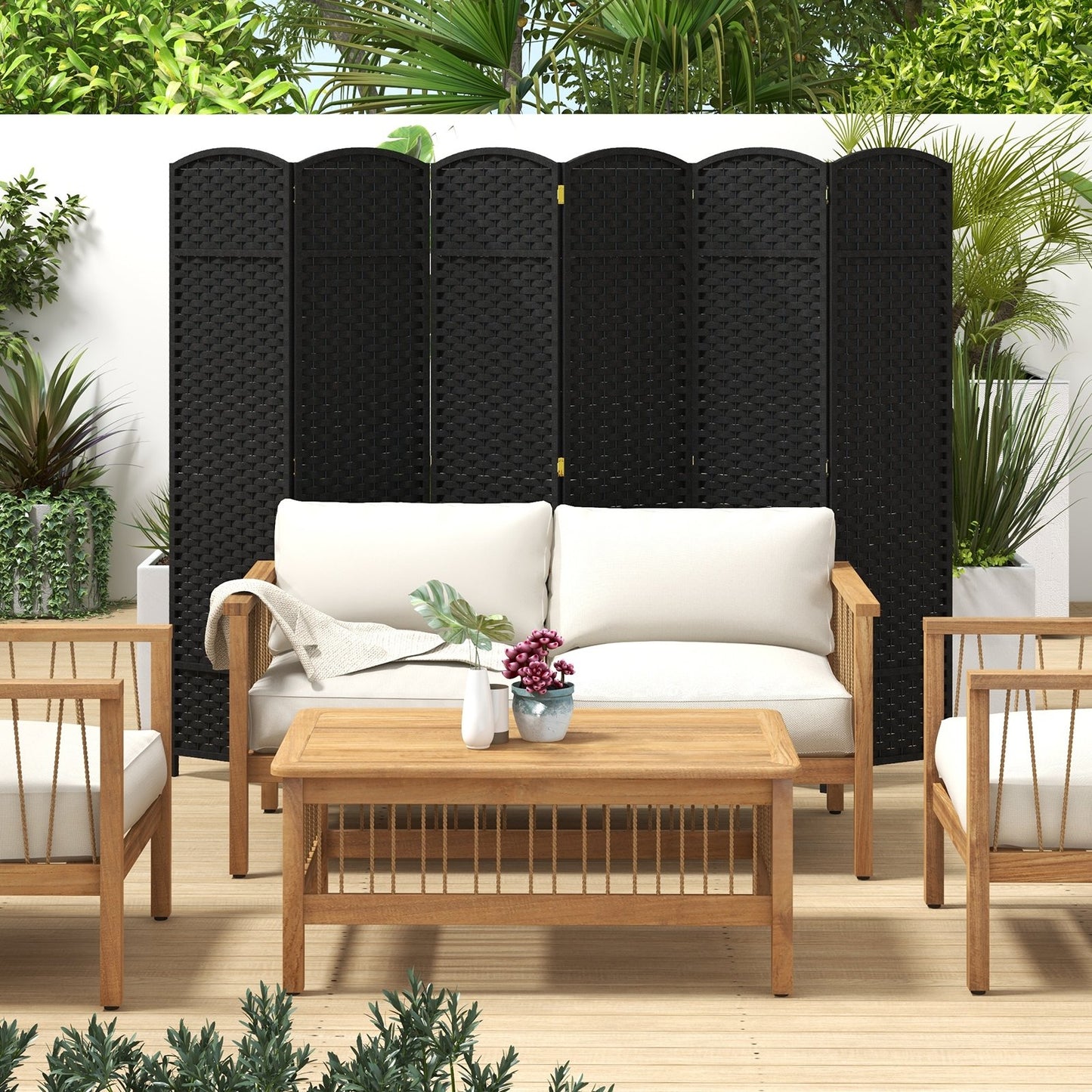 6-Panel 5.6ft Folding Room Divider with Hand-Woven Texture for Privacy and Style - Black