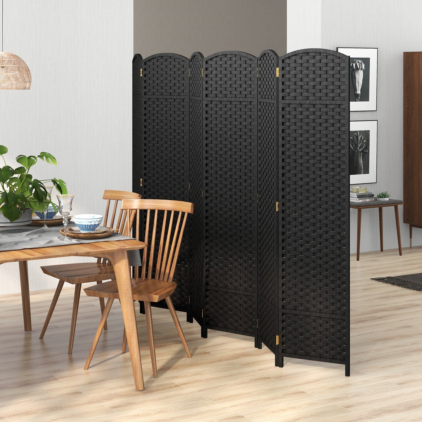 6-Panel 5.6ft Folding Room Divider with Hand-Woven Texture for Privacy and Style - Black