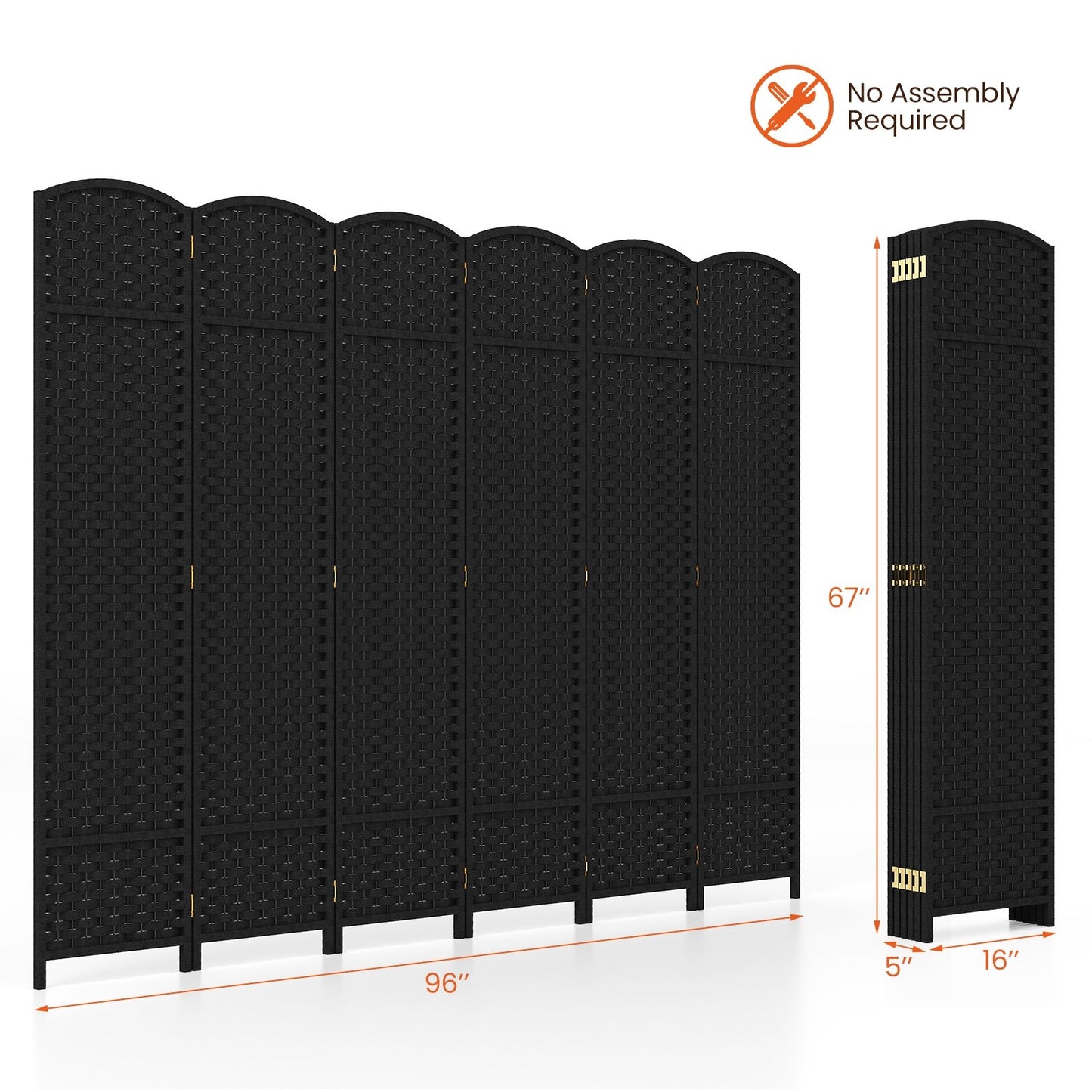 6-Panel 5.6ft Folding Room Divider with Hand-Woven Texture for Privacy and Style - Black