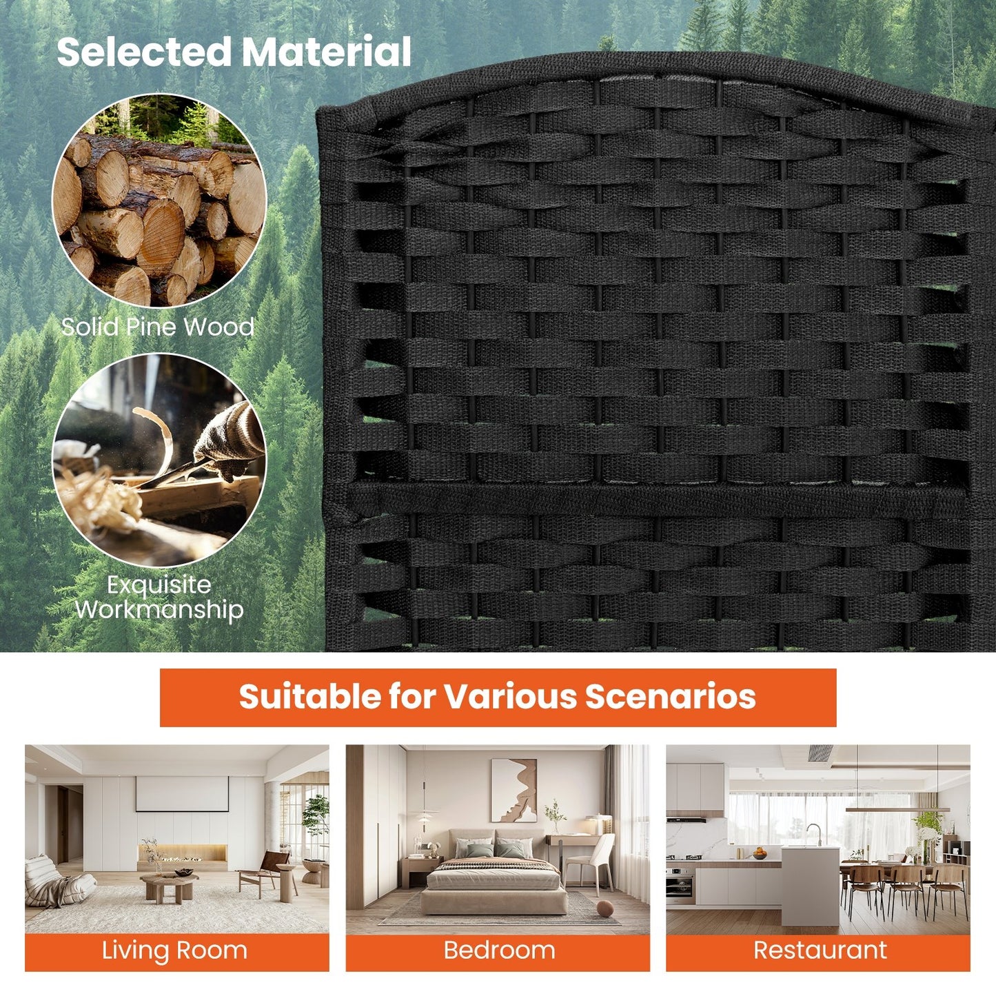 6-Panel 5.6ft Folding Room Divider with Hand-Woven Texture for Privacy and Style - Black