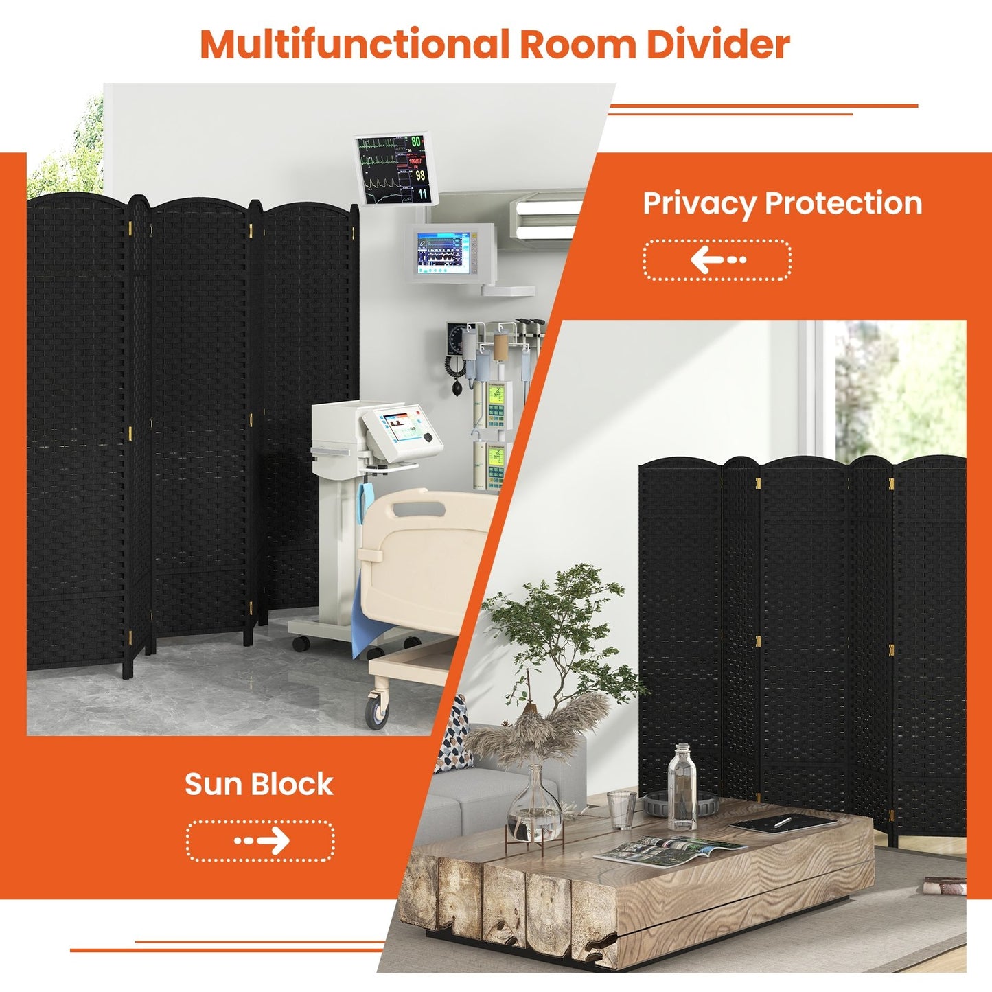 6-Panel 5.6ft Folding Room Divider with Hand-Woven Texture for Privacy and Style - Black