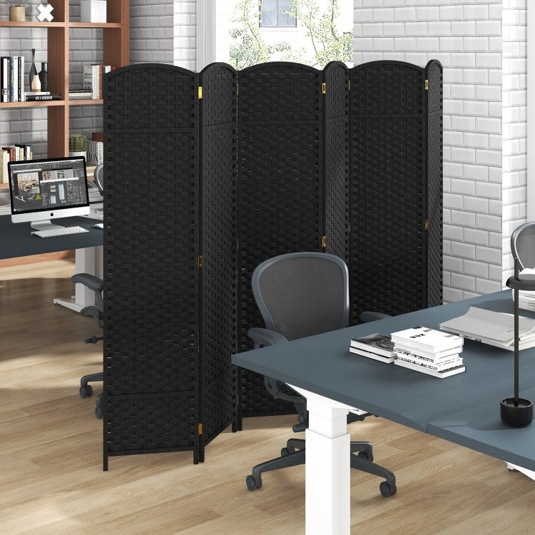 6-Panel 5.6ft Folding Room Divider with Hand-Woven Texture for Privacy and Style - Black