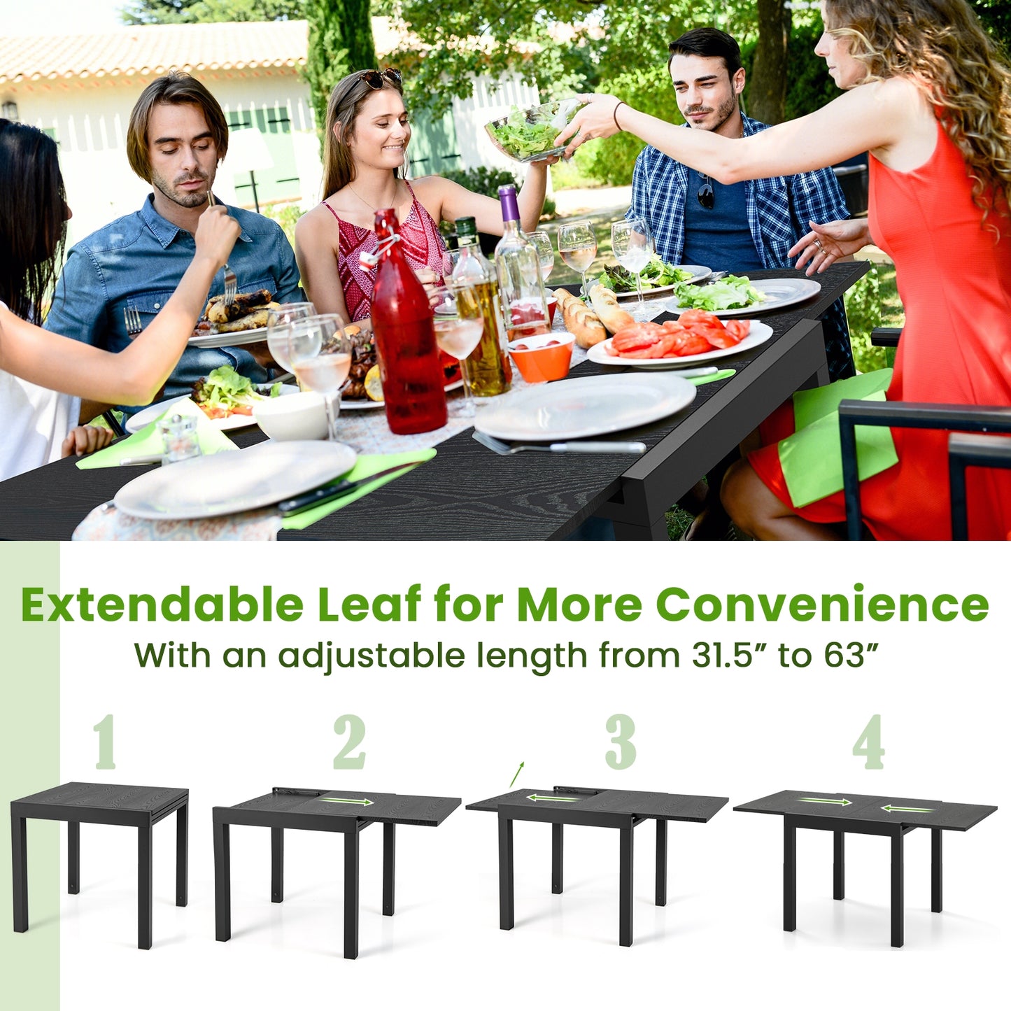 Expandable Outdoor Dining Table for 4 to 6 People with Adjustable Length and Aluminum Frame