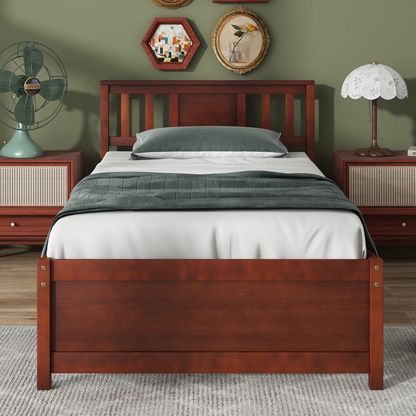 Durable Wooden Platform Bed with Headboard & Slat Support - Twin Size