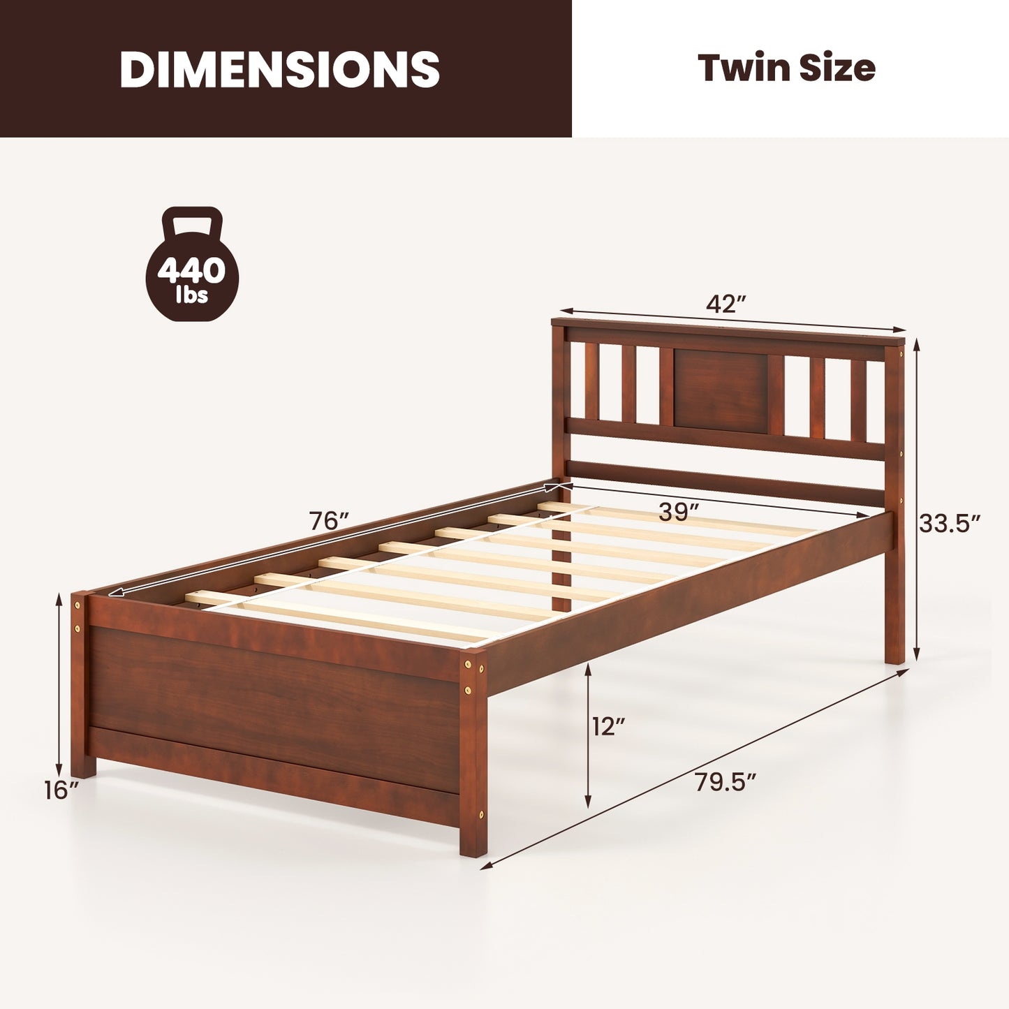 Durable Wooden Platform Bed with Headboard & Slat Support - Twin Size