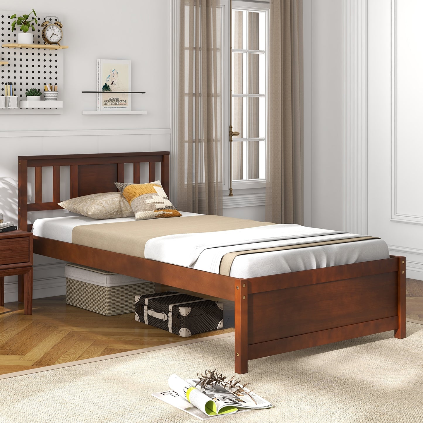 Durable Wooden Platform Bed with Headboard & Slat Support - Twin Size