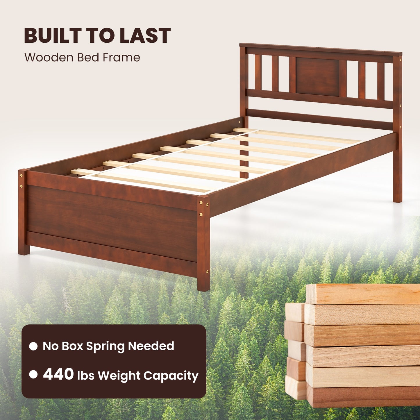 Durable Wooden Platform Bed with Headboard & Slat Support - Twin Size