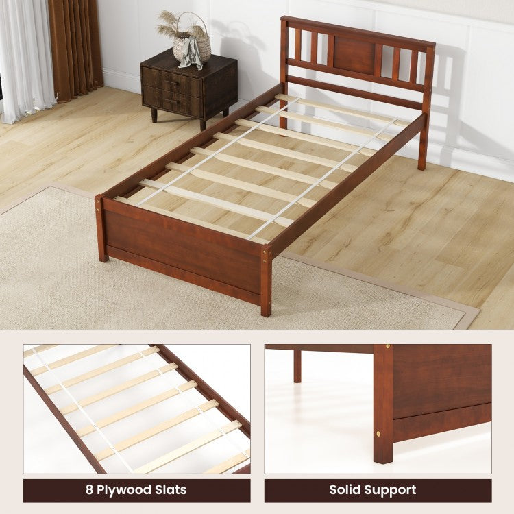 Durable Wooden Platform Bed with Headboard & Slat Support - Twin Size