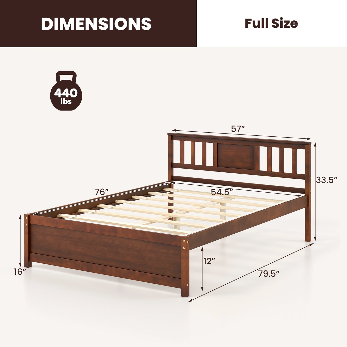 Durable Wooden Platform Bed with Headboard & Slat Support - Full Size