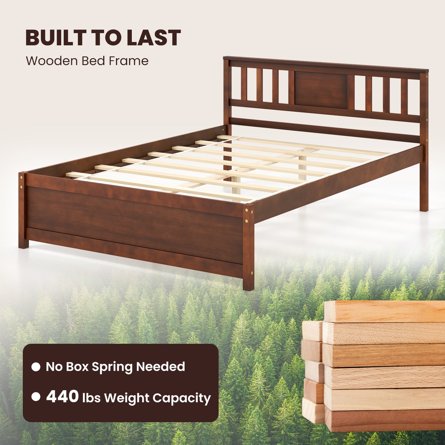 Durable Wooden Platform Bed with Headboard & Slat Support - Full Size