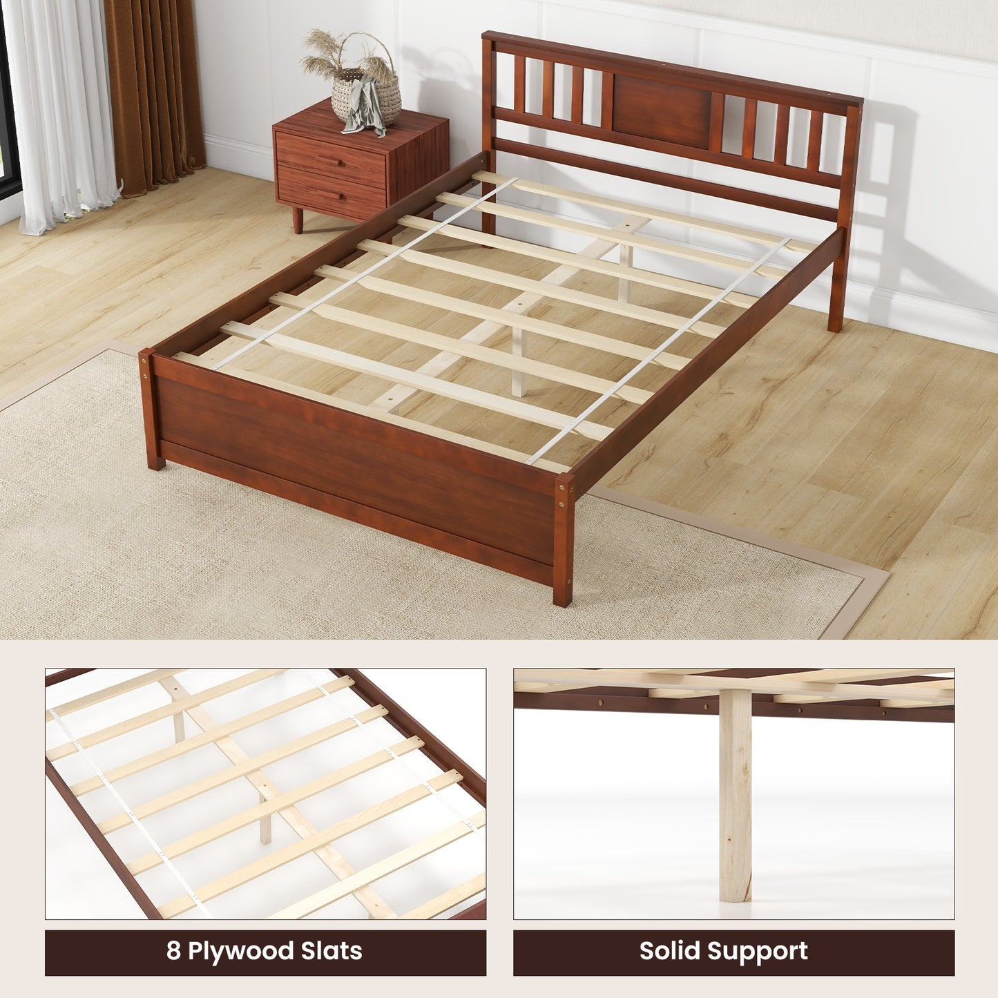 Durable Wooden Platform Bed with Headboard & Slat Support - Full Size