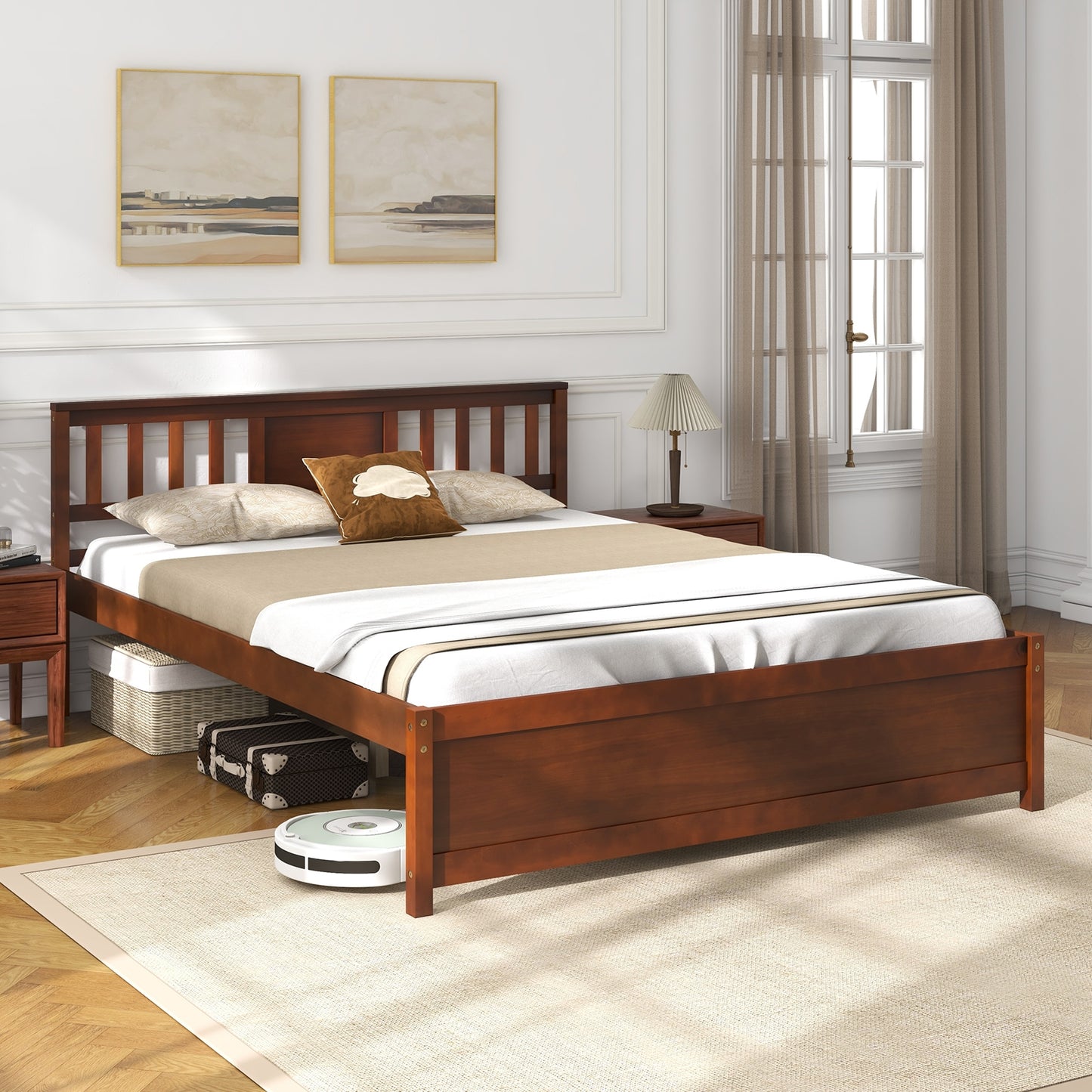 Durable Wooden Platform Bed with Headboard & Slat Support - Queen Size