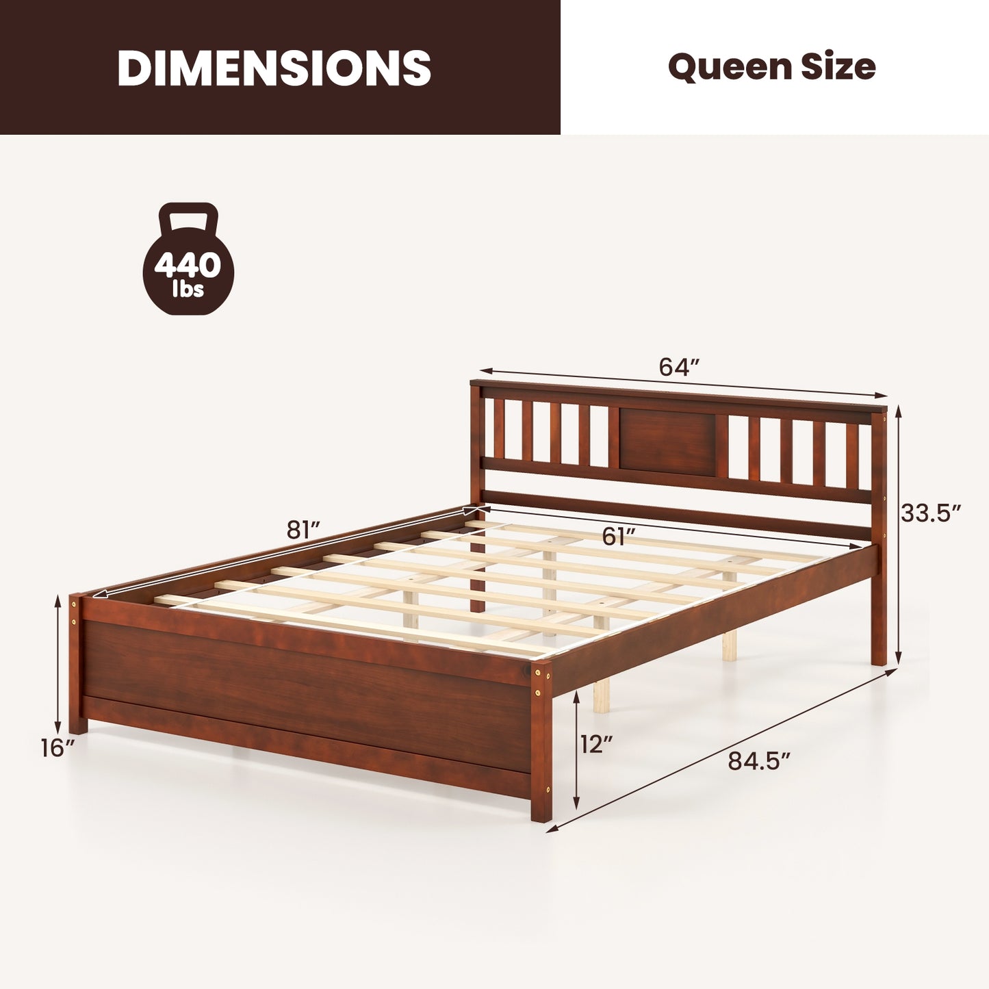 Durable Wooden Platform Bed with Headboard & Slat Support - Queen Size