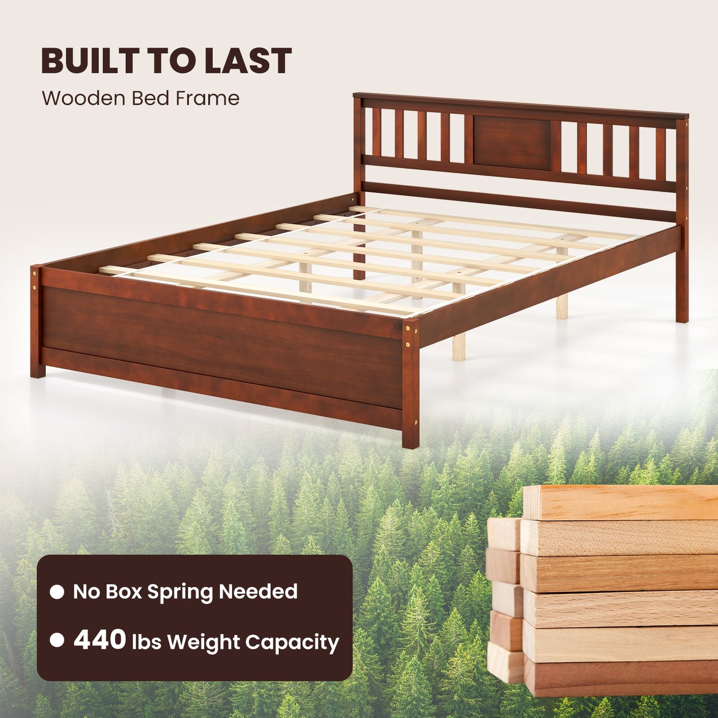 Durable Wooden Platform Bed with Headboard & Slat Support - Queen Size
