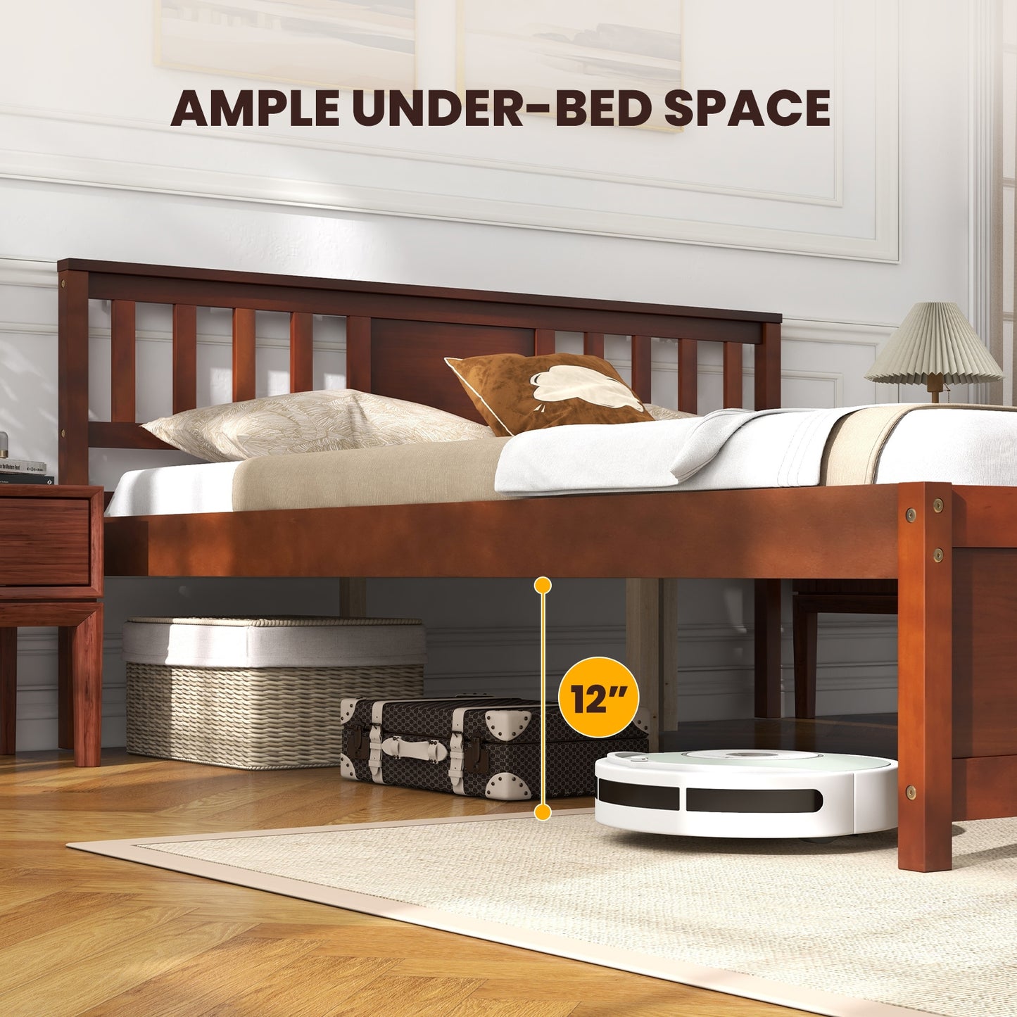 Durable Wooden Platform Bed with Headboard & Slat Support - Queen Size