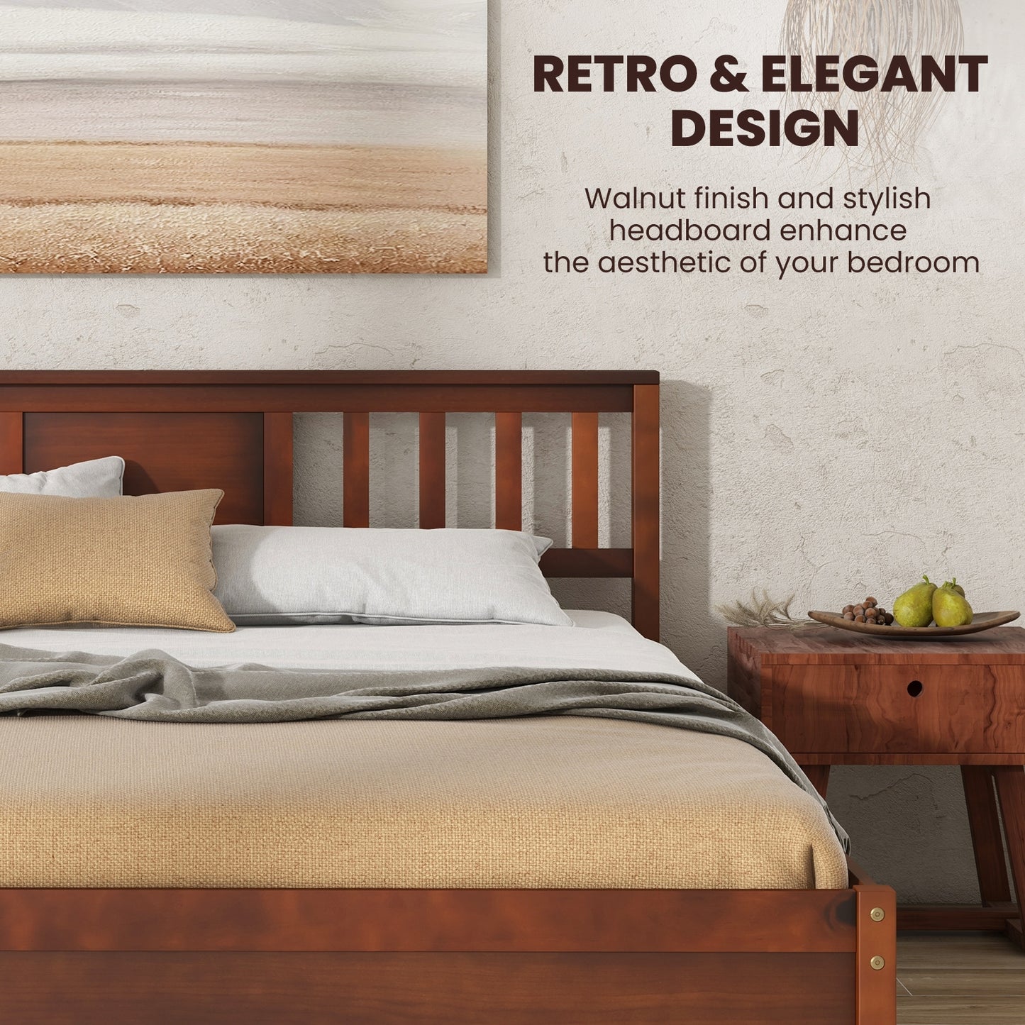 Durable Wooden Platform Bed with Headboard & Slat Support - Queen Size