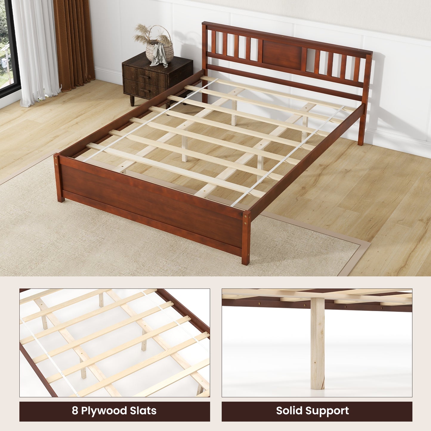 Durable Wooden Platform Bed with Headboard & Slat Support - Queen Size