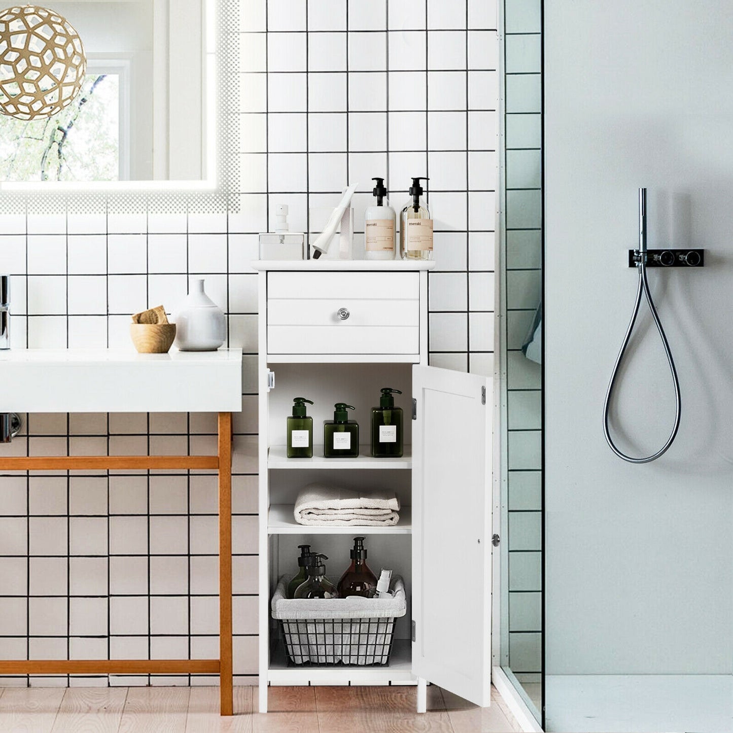 Compact Wooden Bathroom Storage Cabinet with Adjustable Shelf & Drawer