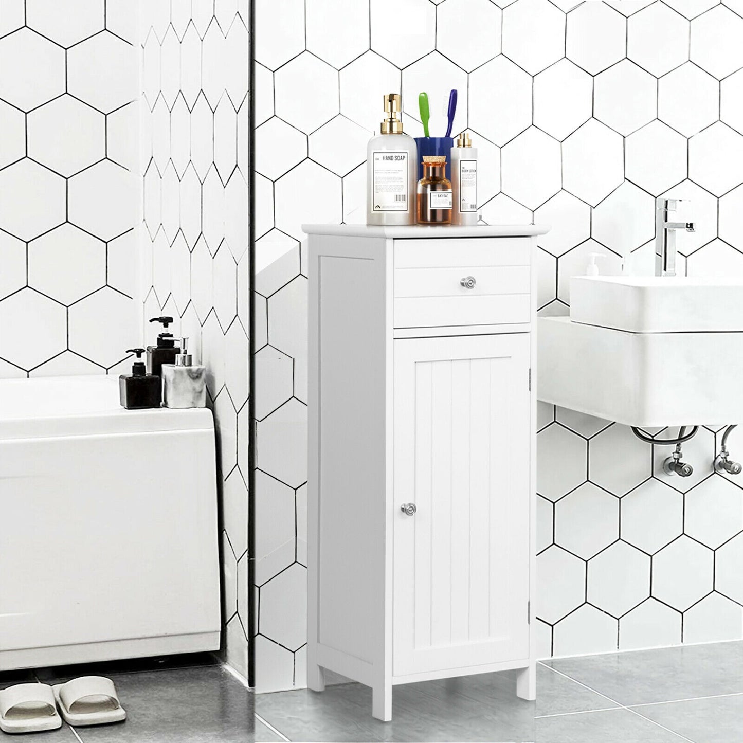 Compact Wooden Bathroom Storage Cabinet with Adjustable Shelf & Drawer