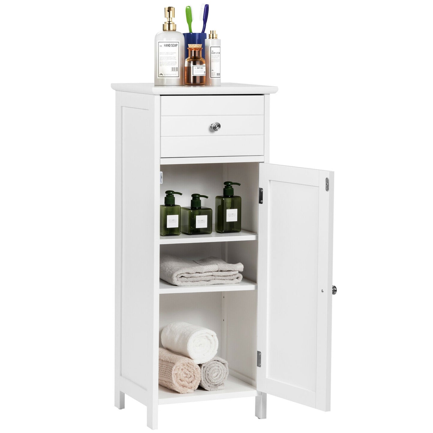 Compact Wooden Bathroom Storage Cabinet with Adjustable Shelf & Drawer