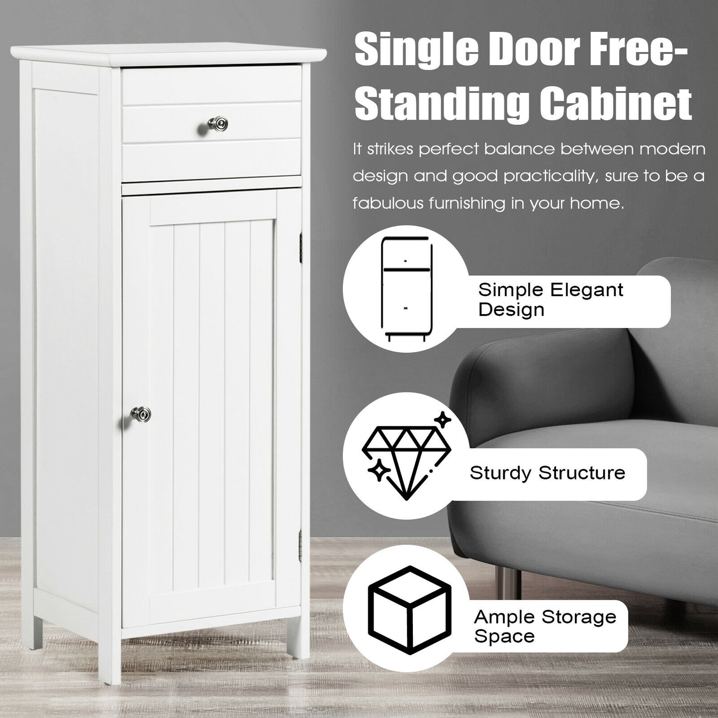 Compact Wooden Bathroom Storage Cabinet with Adjustable Shelf & Drawer
