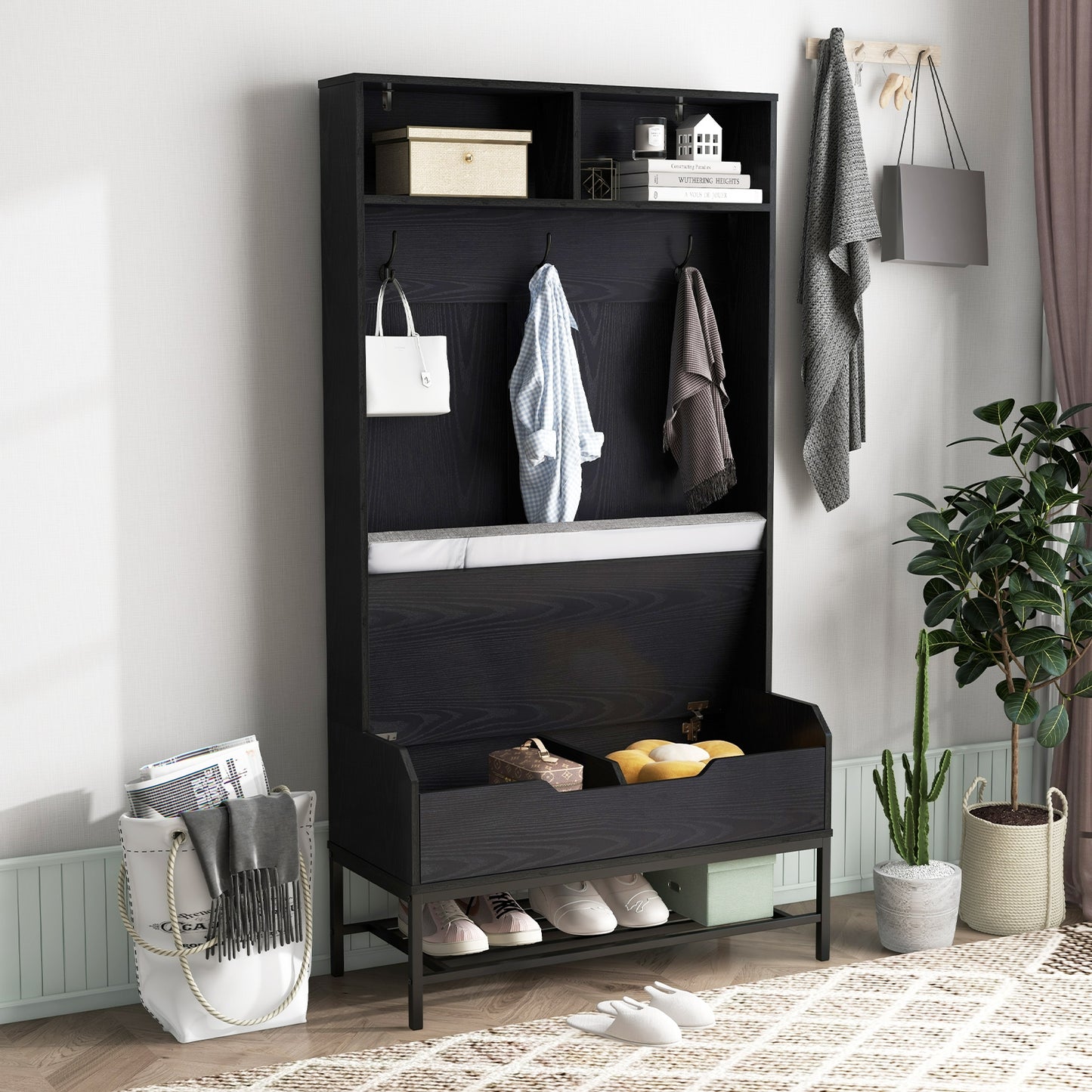 4-in-1 Entryway Hall Tree with Padded Seat Coat Rack and Shoe Storage - Black