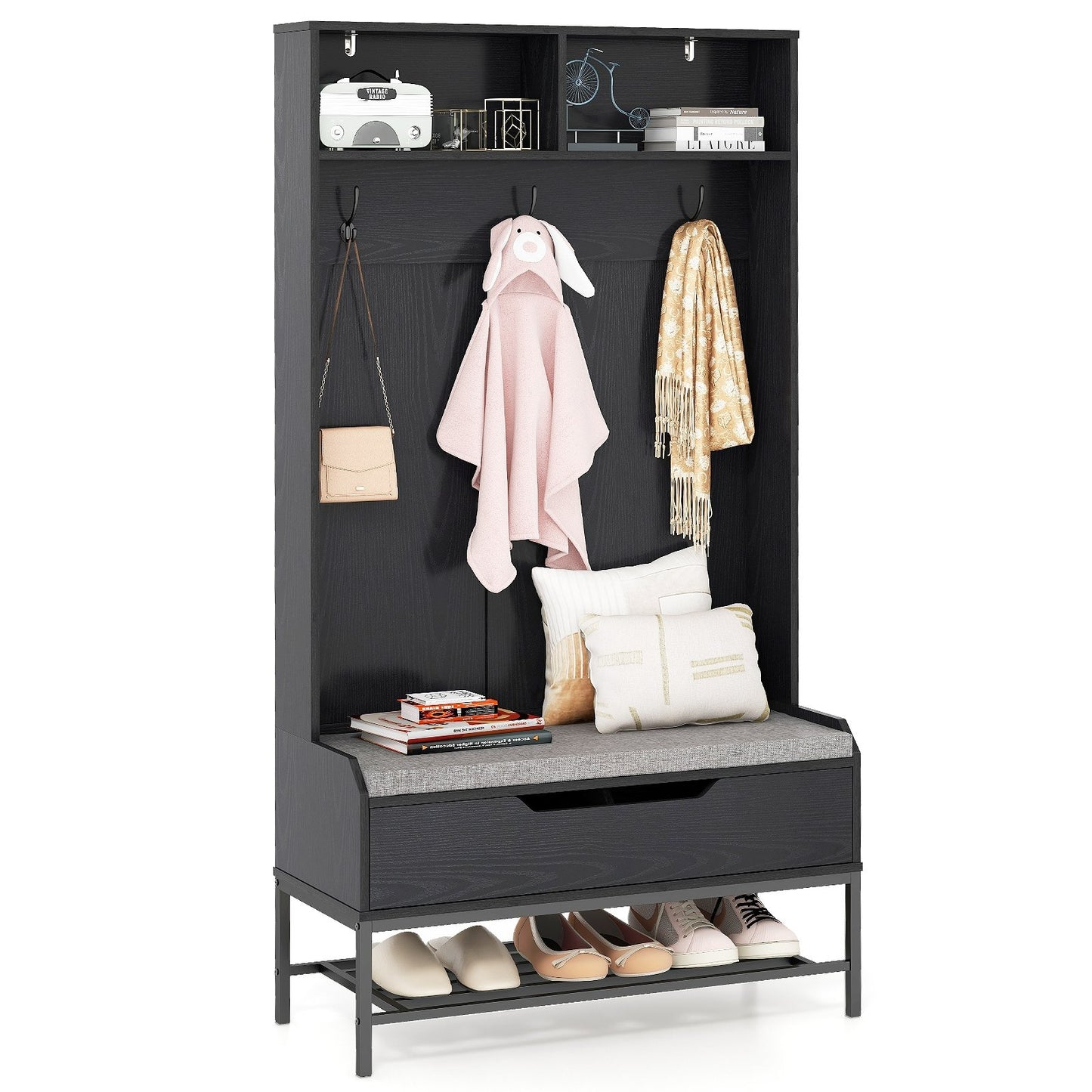 4-in-1 Entryway Hall Tree with Padded Seat Coat Rack and Shoe Storage - Black